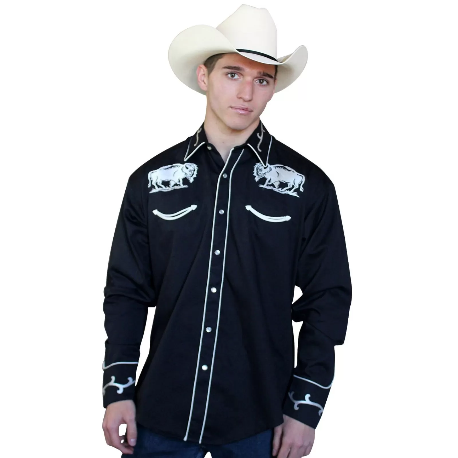 Rockmount Men'S Vintage American Bison Embroidery Black Western Shirt Cheap