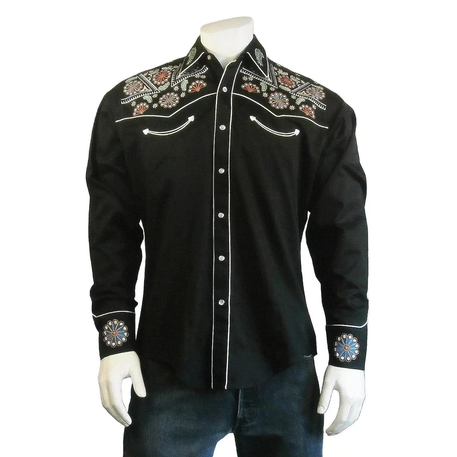 Rockmount Men'S Vintage Black Floral & Stars Embroidery Western Shirt Store