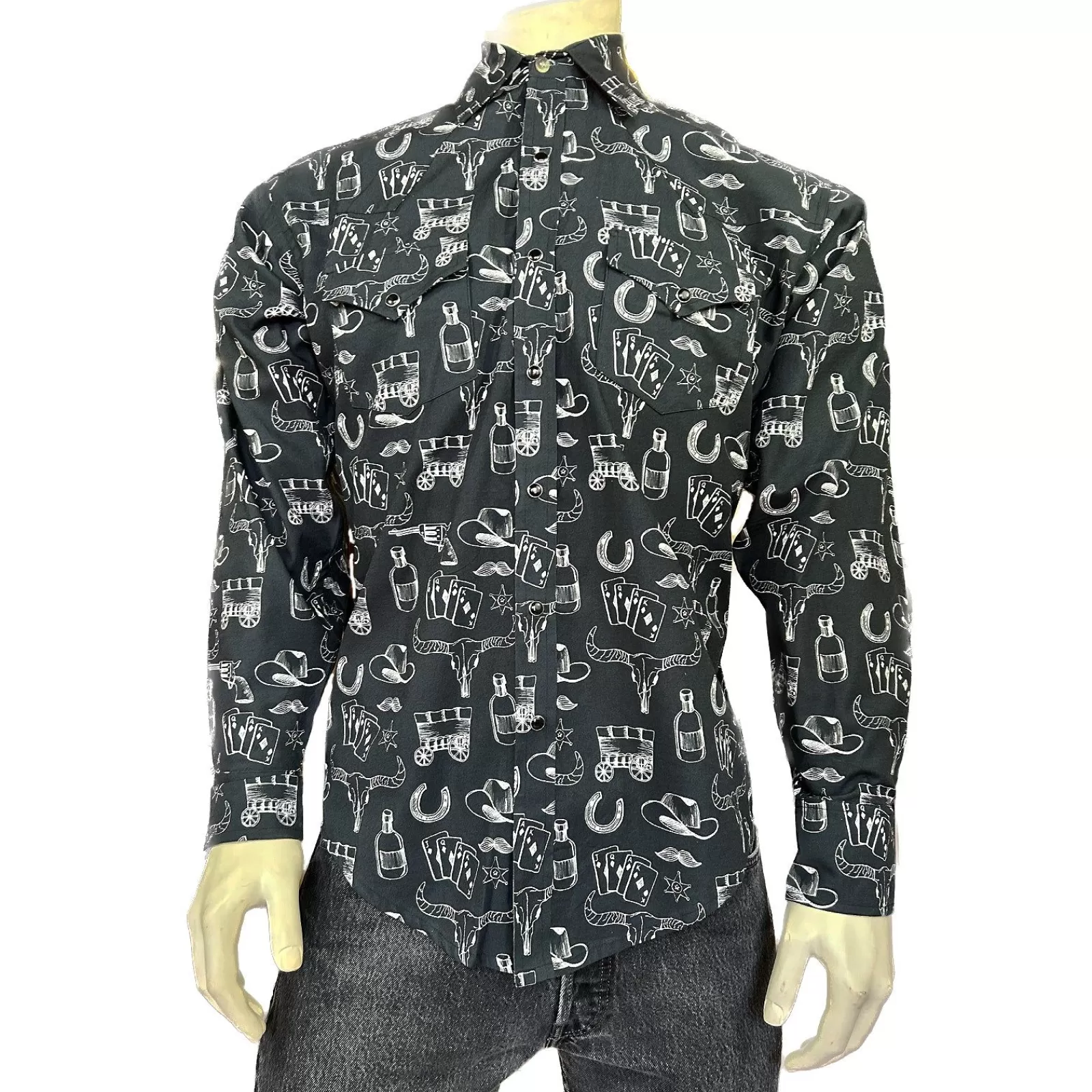 Rockmount Men'S Vintage Black Hat & Horse Shoe Card Western Print Best