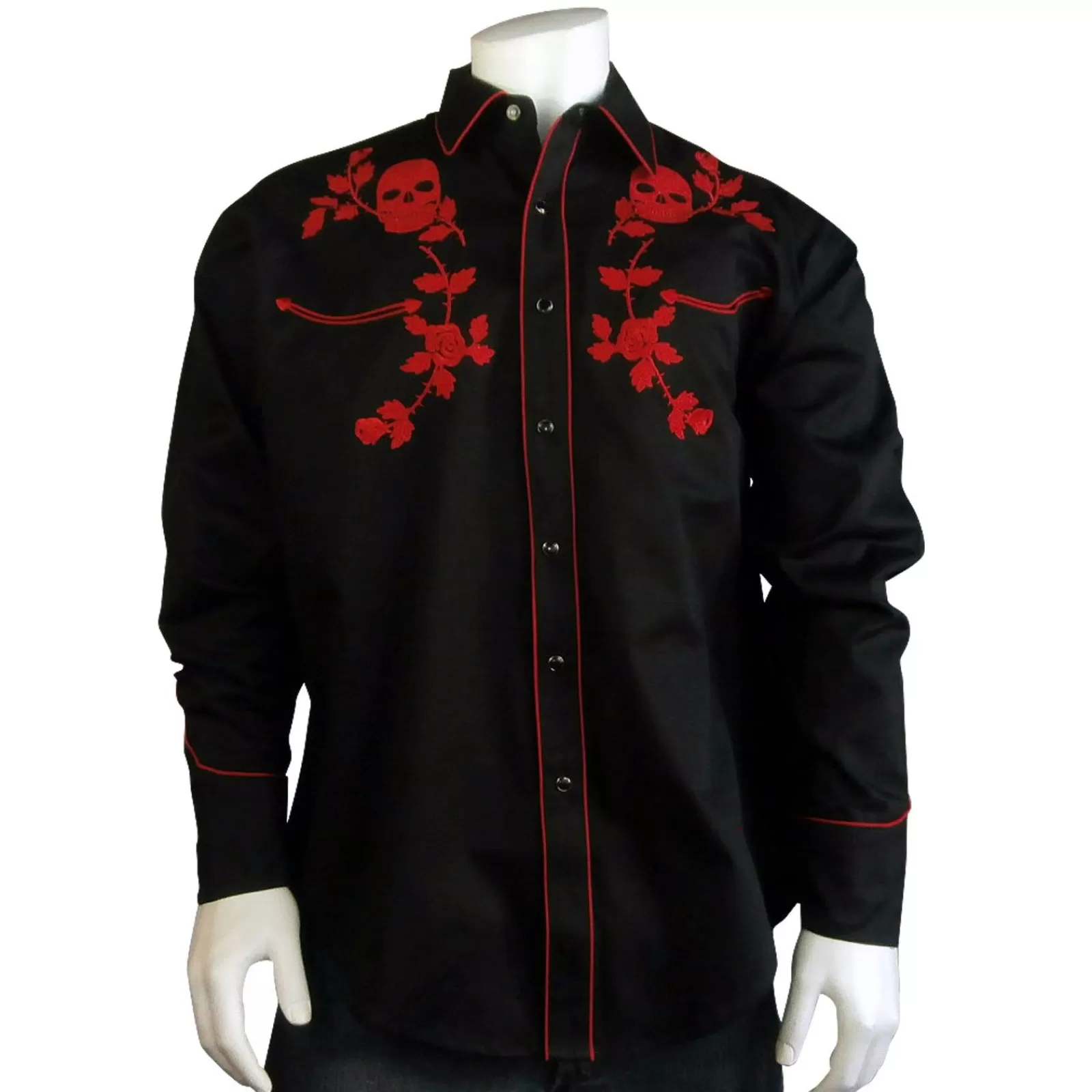 Rockmount Men'S Vintage Black Skull & Roses Chain Stitch Embroidery Western Shirt Sale