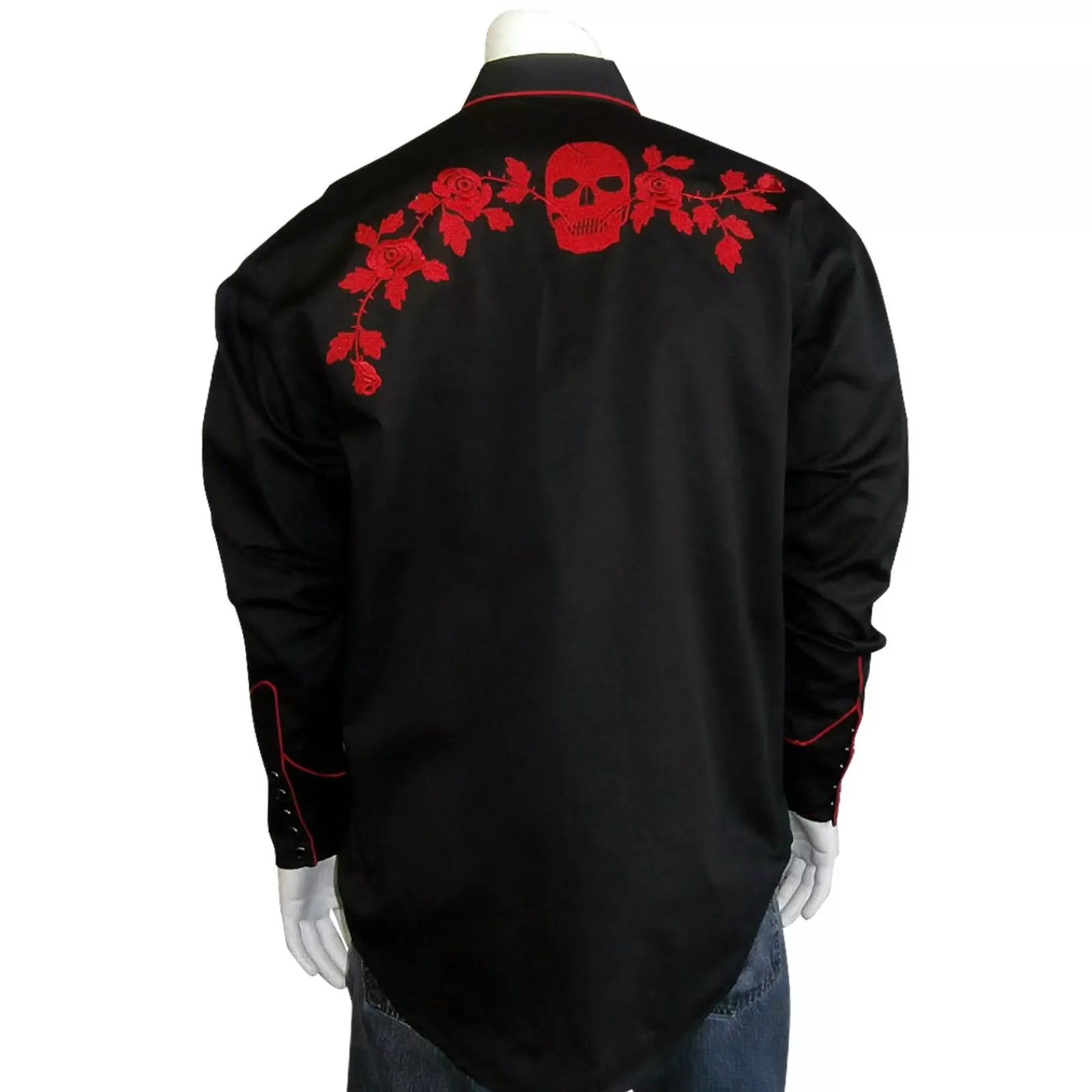 Rockmount Men'S Vintage Black Skull & Roses Chain Stitch Embroidery Western Shirt Sale