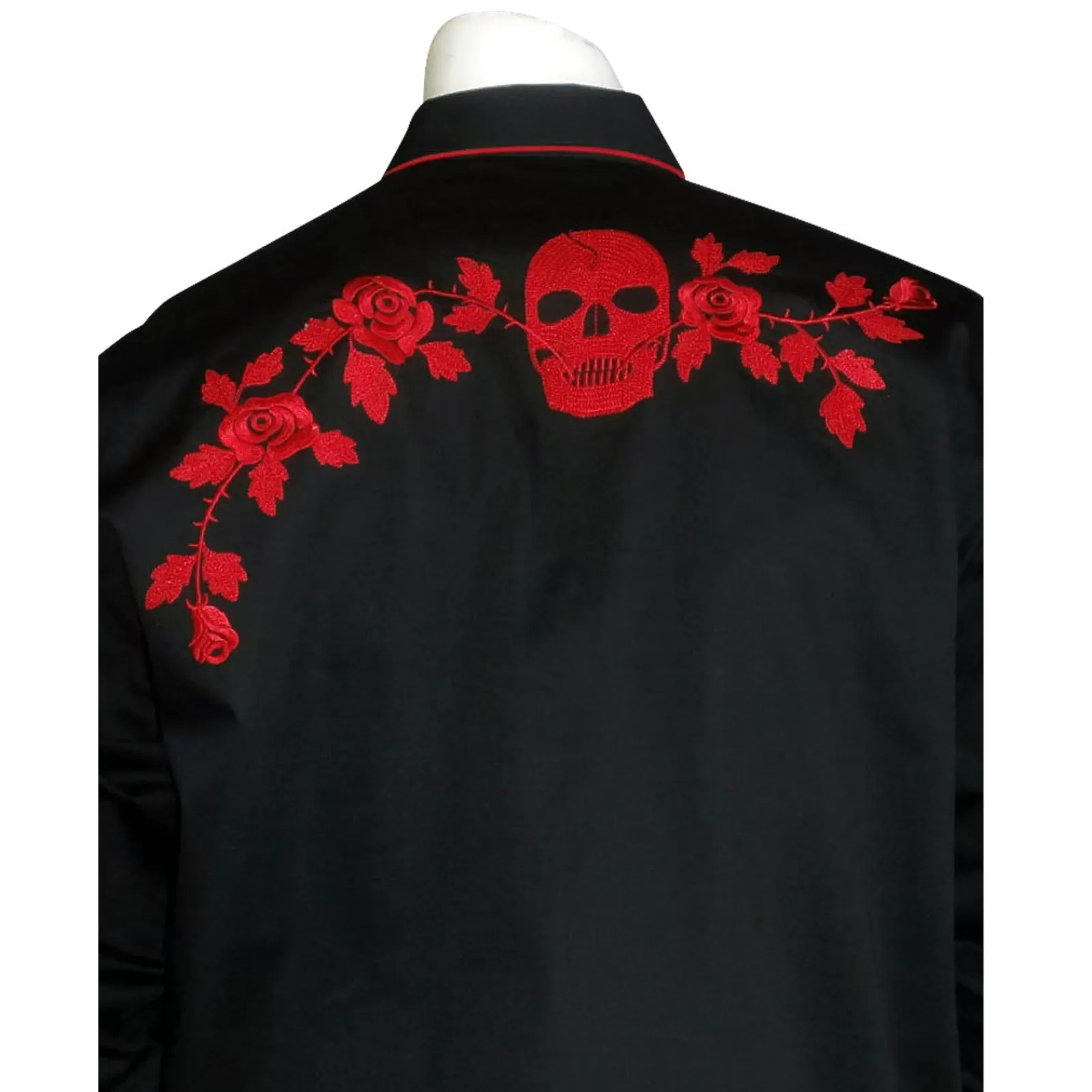Rockmount Men'S Vintage Black Skull & Roses Chain Stitch Embroidery Western Shirt Sale
