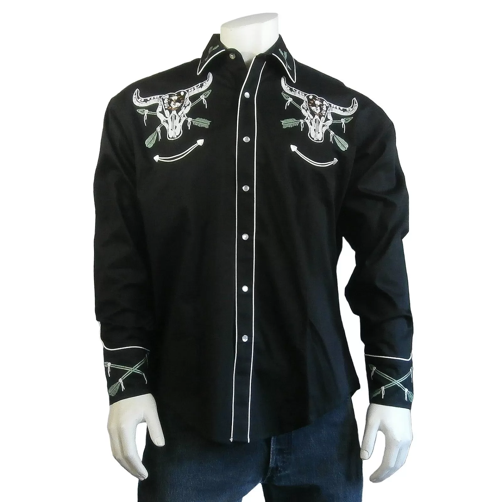 Rockmount Men'S Vintage Black Steer Skull & Arrow Chain Stitch Embroidery Western Shirt Online