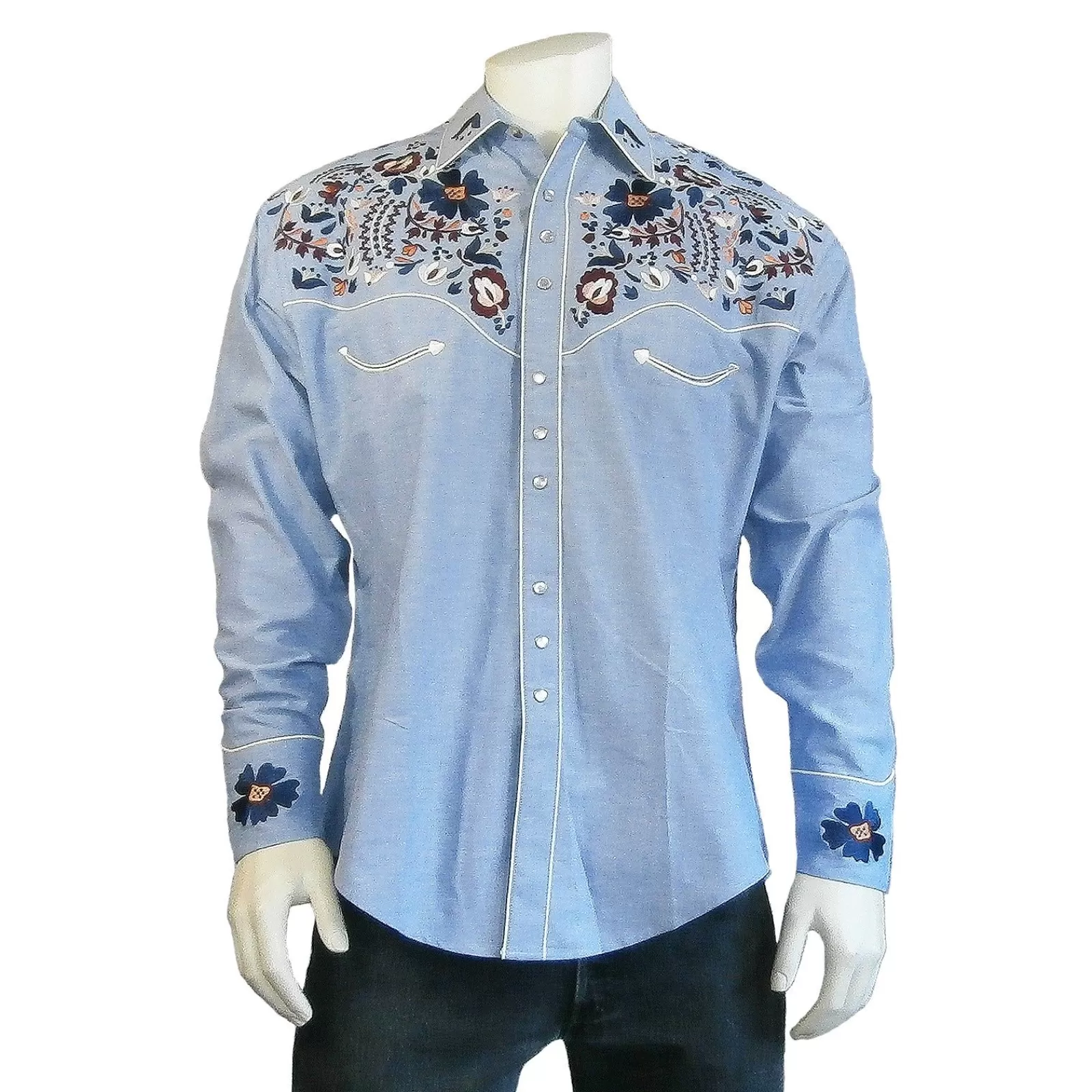 Rockmount Men'S Vintage Blue Floral Embroidery Western Shirt Cheap