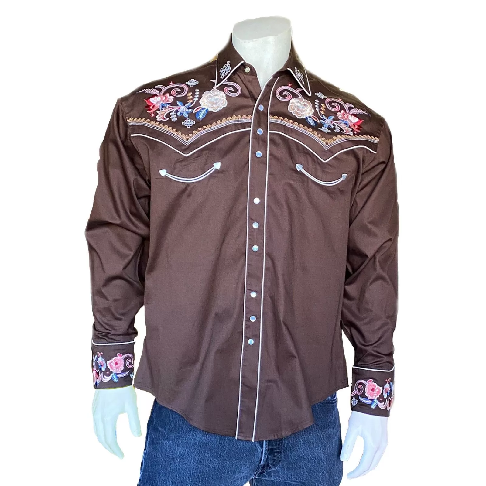 Rockmount Men'S Vintage Brown Pastel Floral Embroidery Western Shirt New