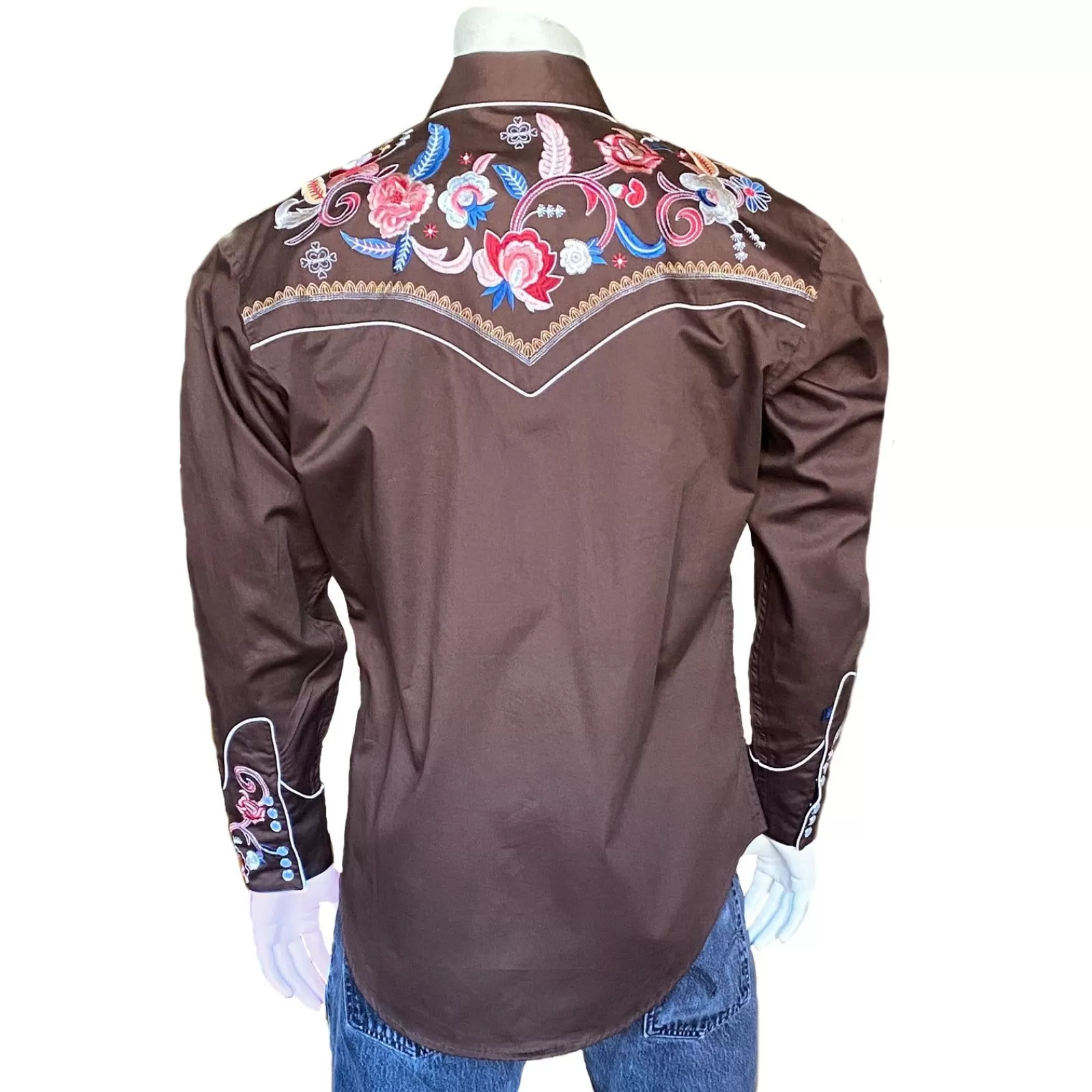 Rockmount Men'S Vintage Brown Pastel Floral Embroidery Western Shirt New