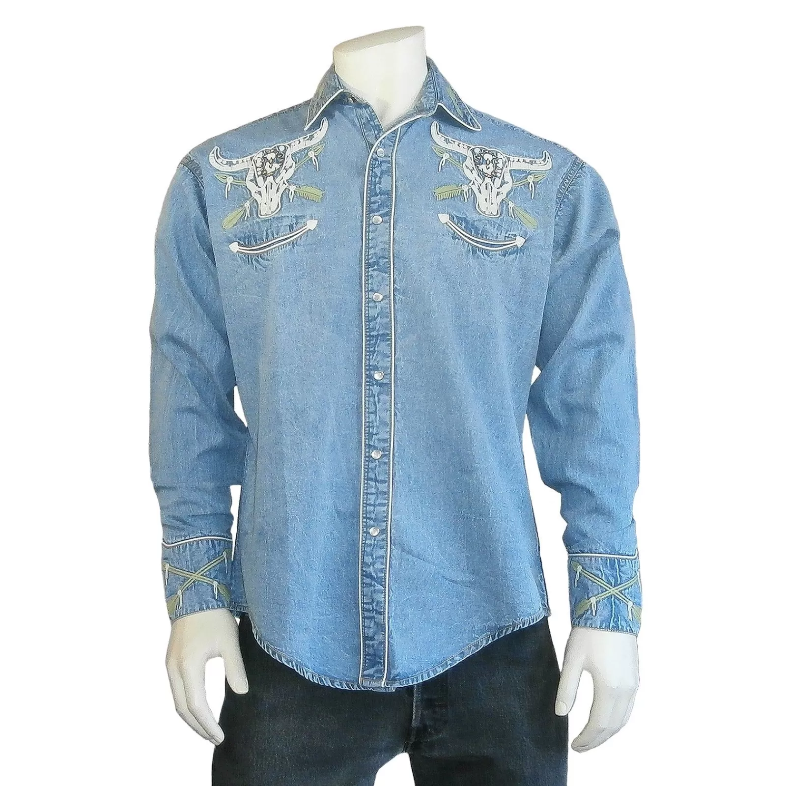 Rockmount Men'S Vintage Denim Steer Skull & Arrow Chain Stitch Embroidery Western Shirt Best