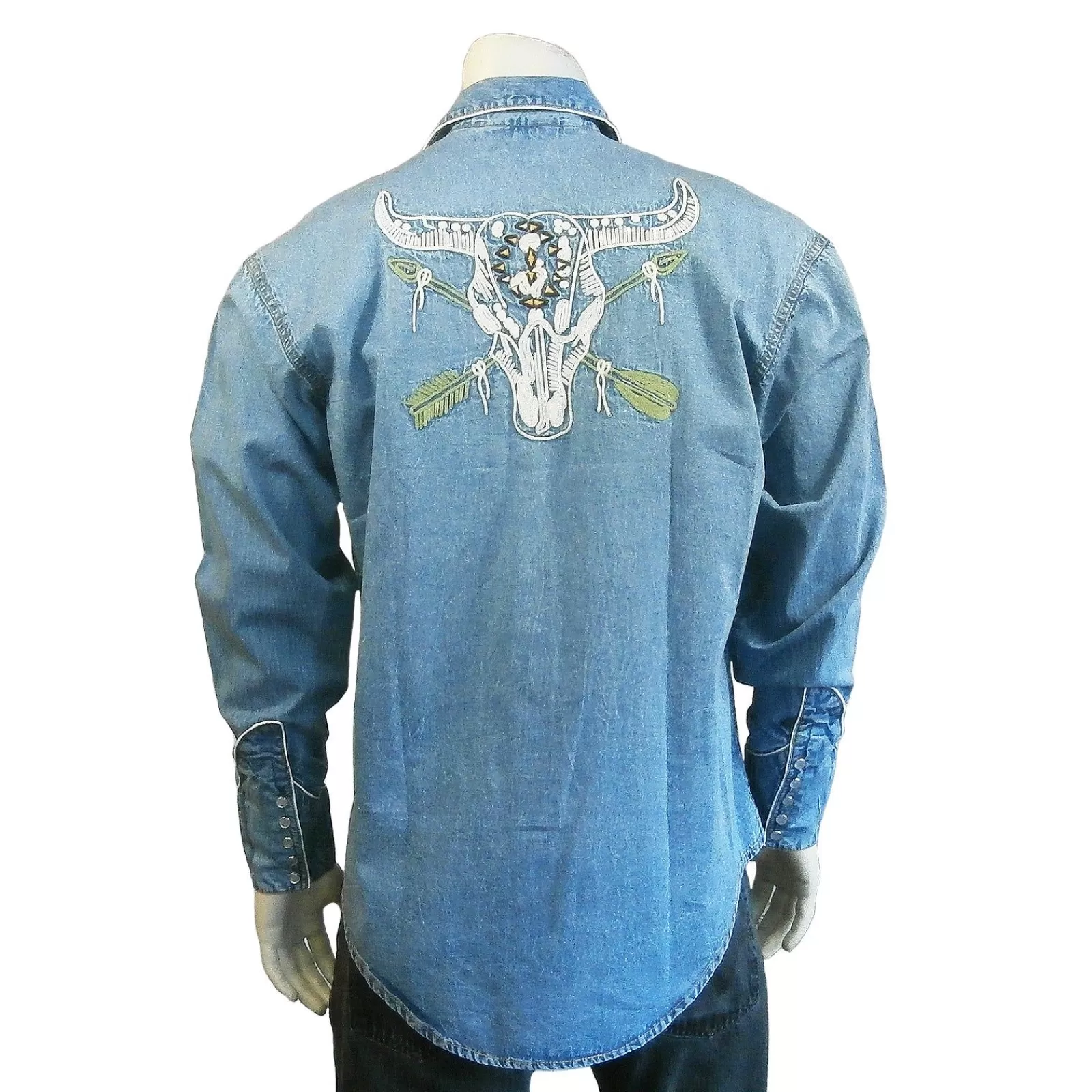 Rockmount Men'S Vintage Denim Steer Skull & Arrow Chain Stitch Embroidery Western Shirt Best