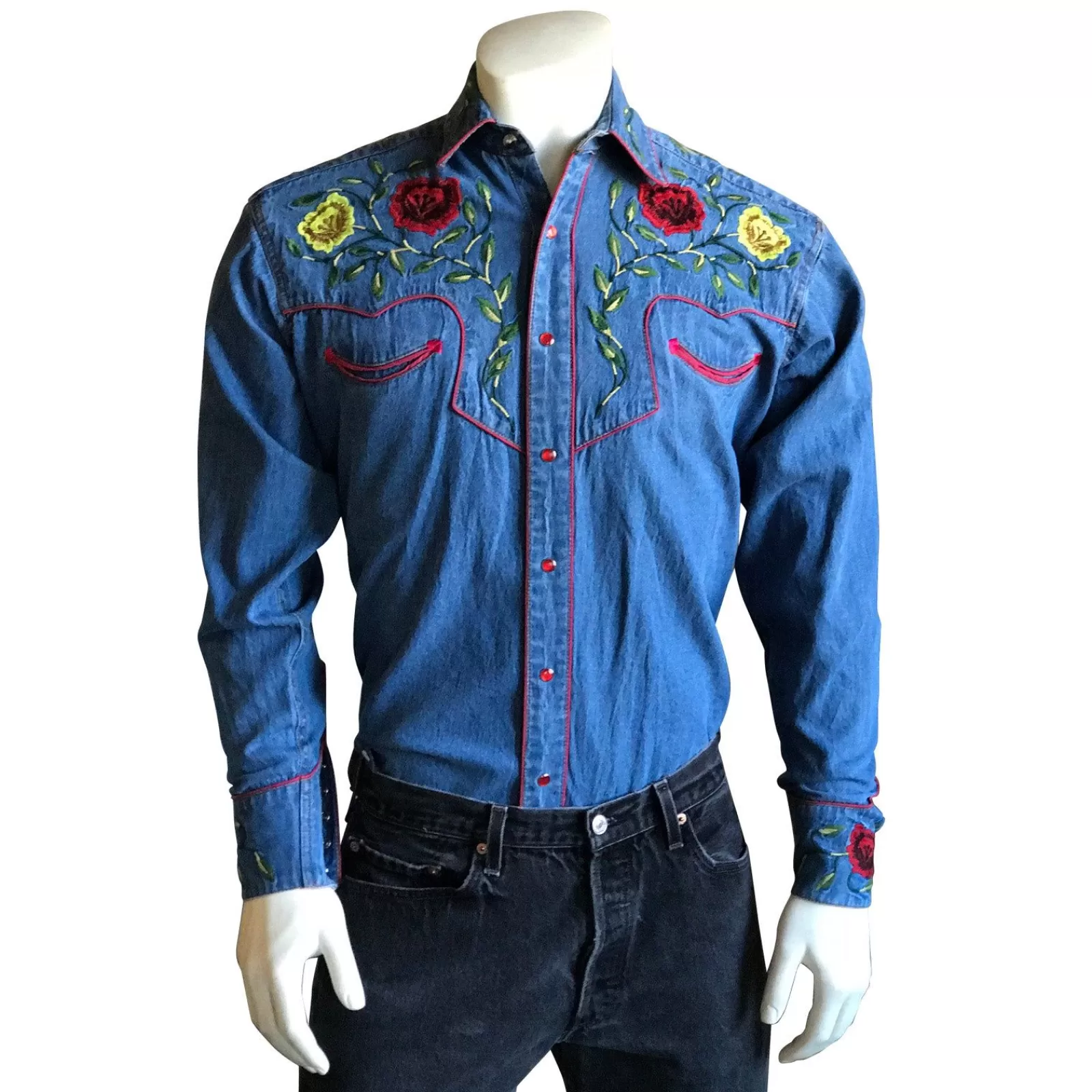 Rockmount Men'S Vintage Floral Embroidery Denim Western Shirt Flash Sale