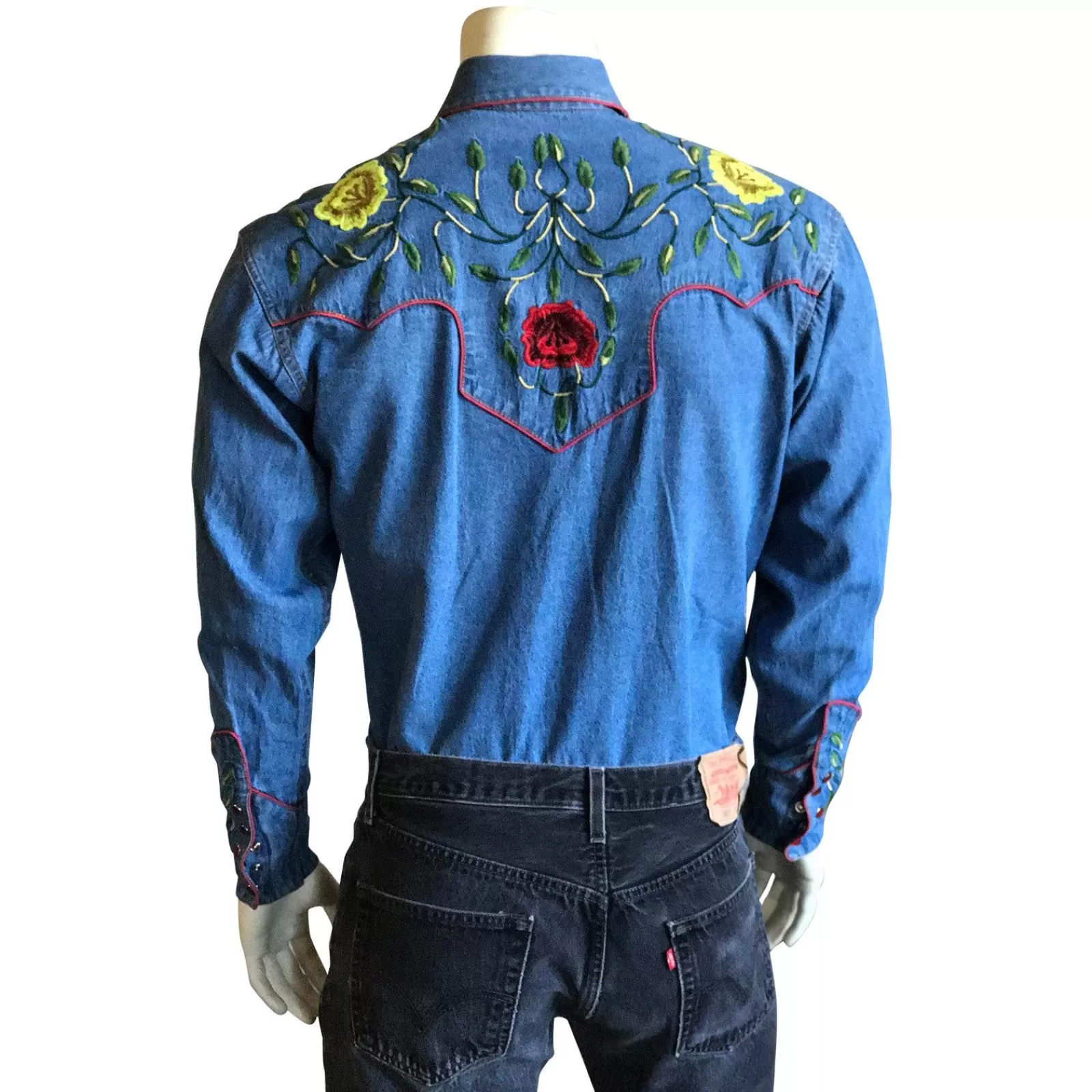 Rockmount Men'S Vintage Floral Embroidery Denim Western Shirt Flash Sale