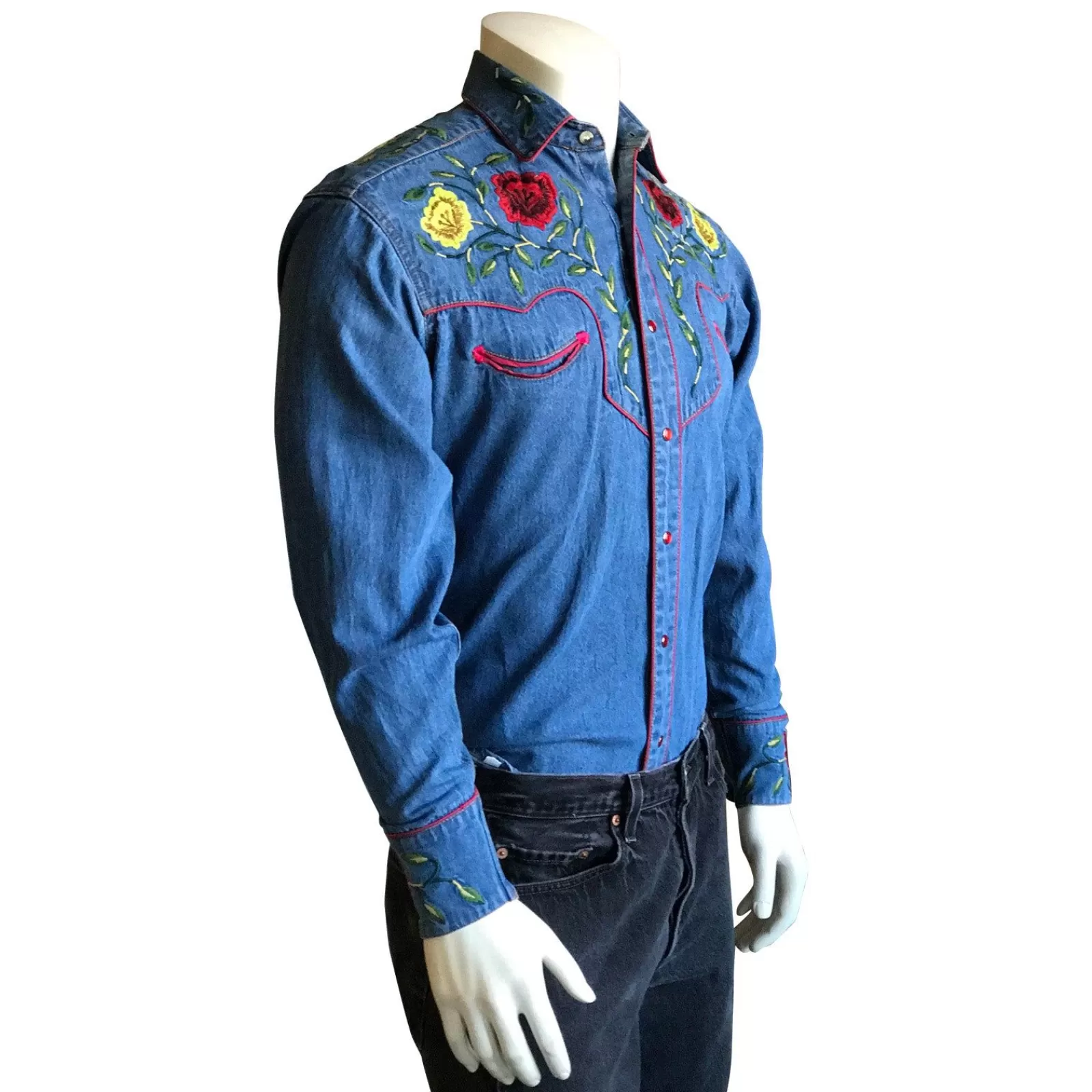 Rockmount Men'S Vintage Floral Embroidery Denim Western Shirt Flash Sale