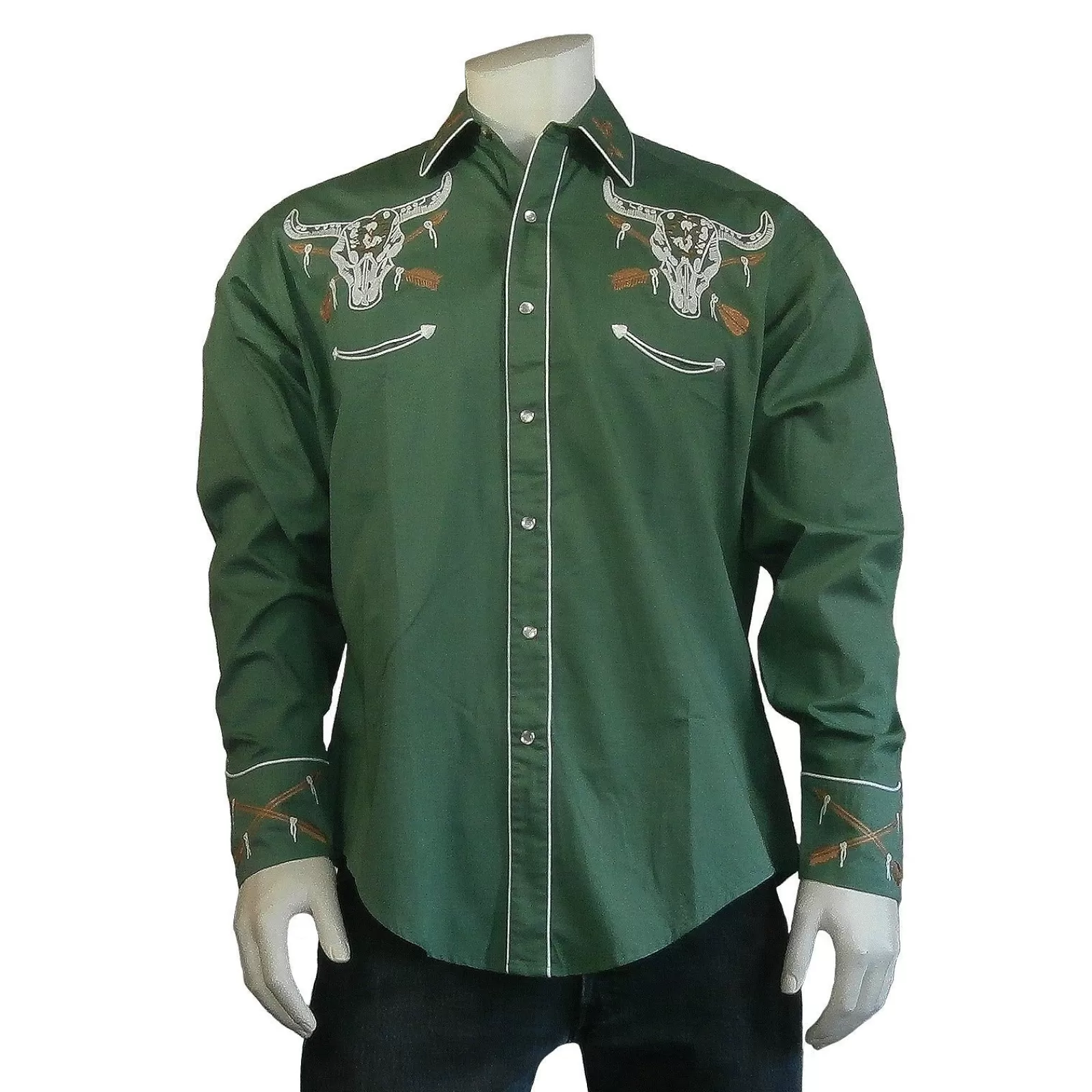 Rockmount Men'S Vintage Green Steer Skull & Arrow Chain Stitch Embroidery Western Shirt Cheap
