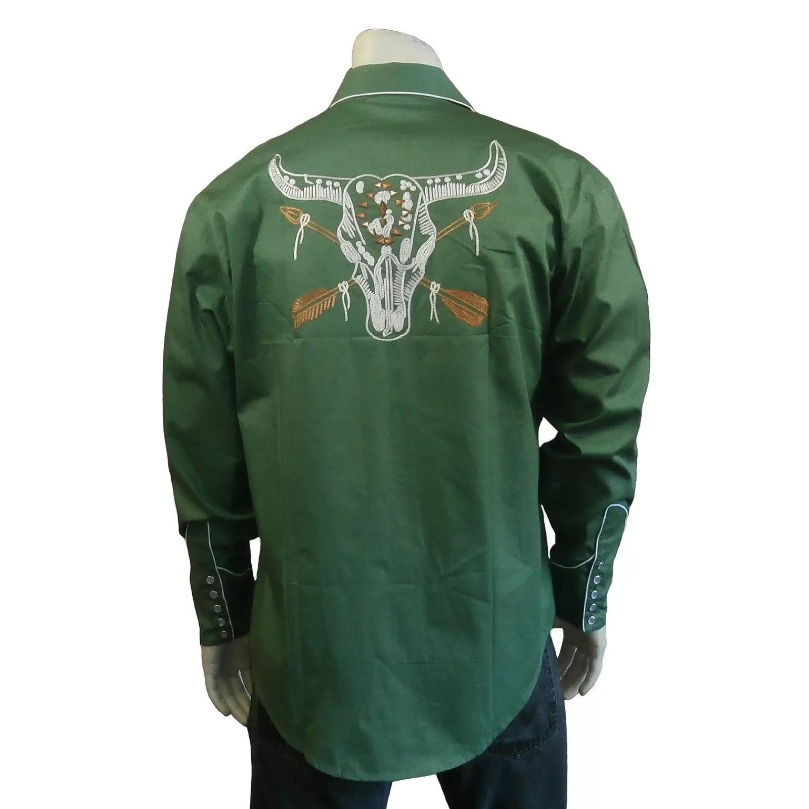 Rockmount Men'S Vintage Green Steer Skull & Arrow Chain Stitch Embroidery Western Shirt Cheap