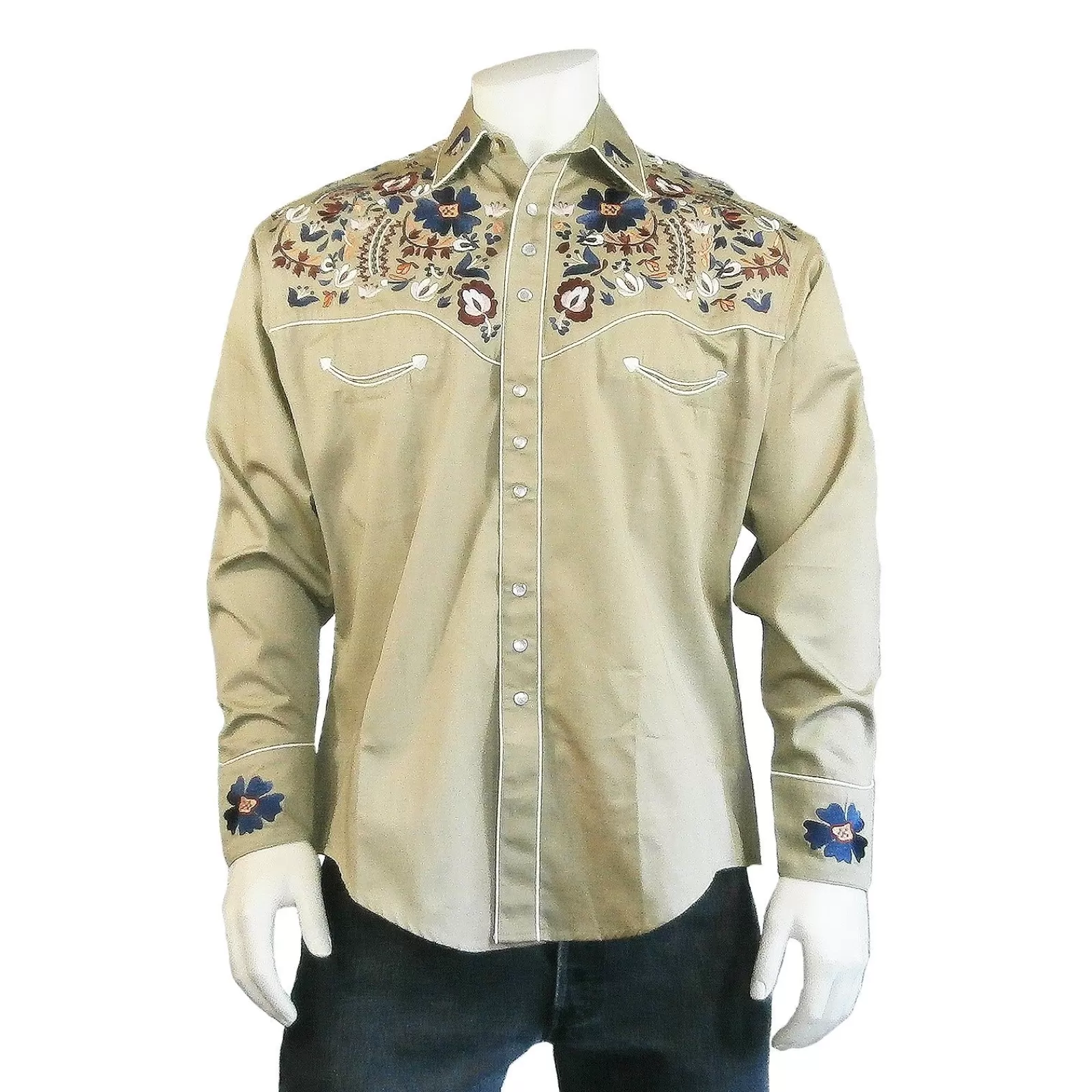 Rockmount Men'S Vintage Khaki Floral Embroidery Western Shirt Store