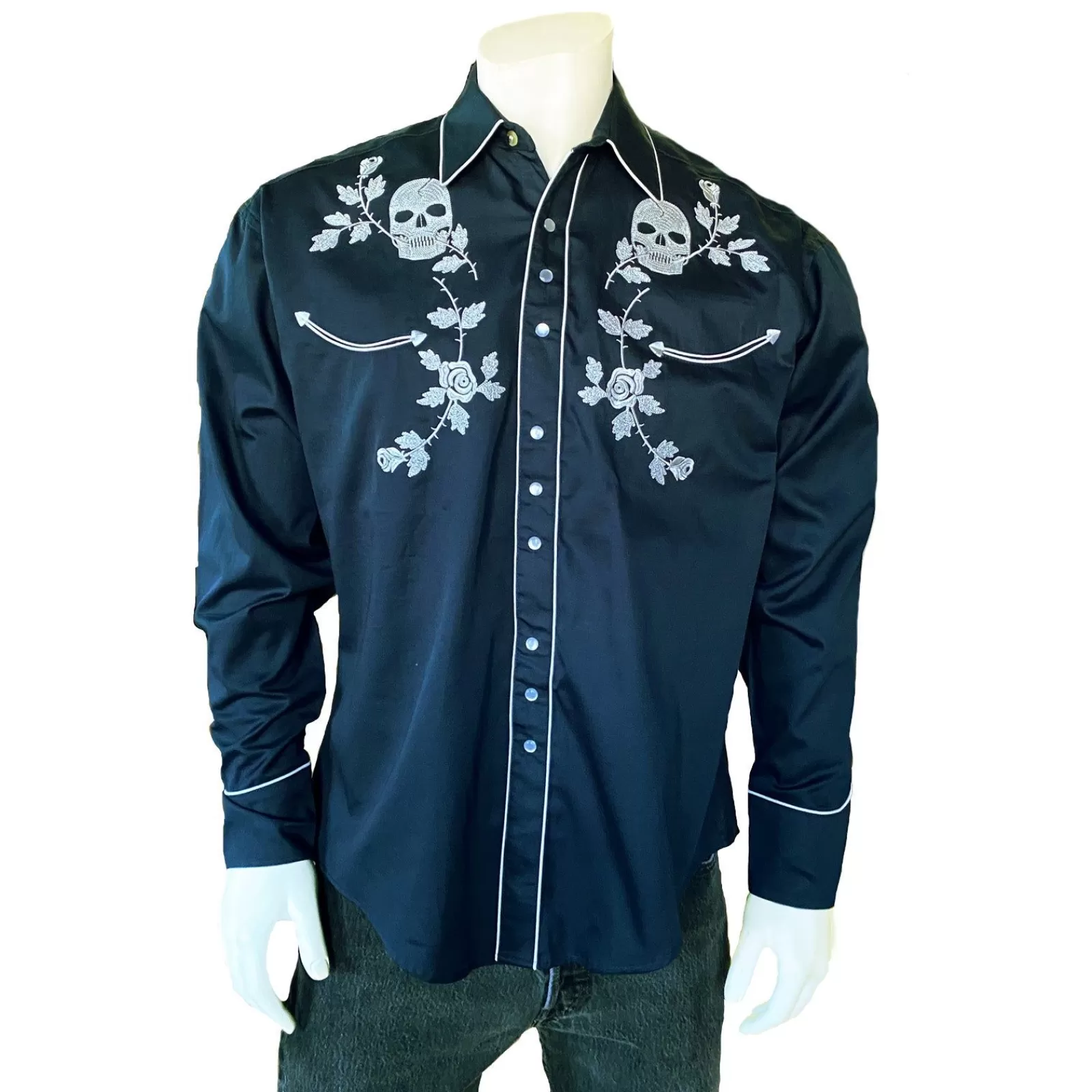 Rockmount Men'S Vintage Navy Skull & Roses Chain Stitch Embroidery Western Shirt New
