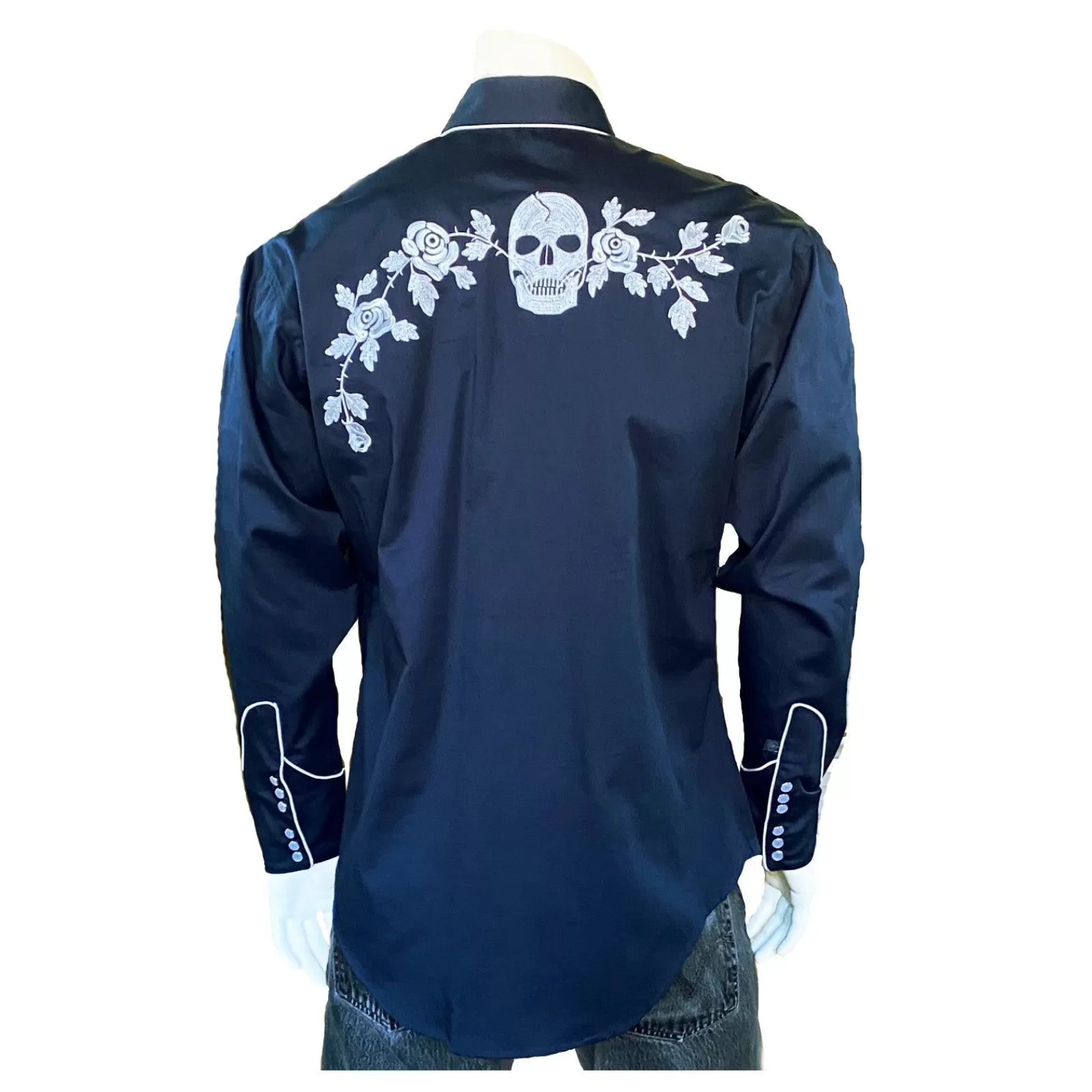 Rockmount Men'S Vintage Navy Skull & Roses Chain Stitch Embroidery Western Shirt New