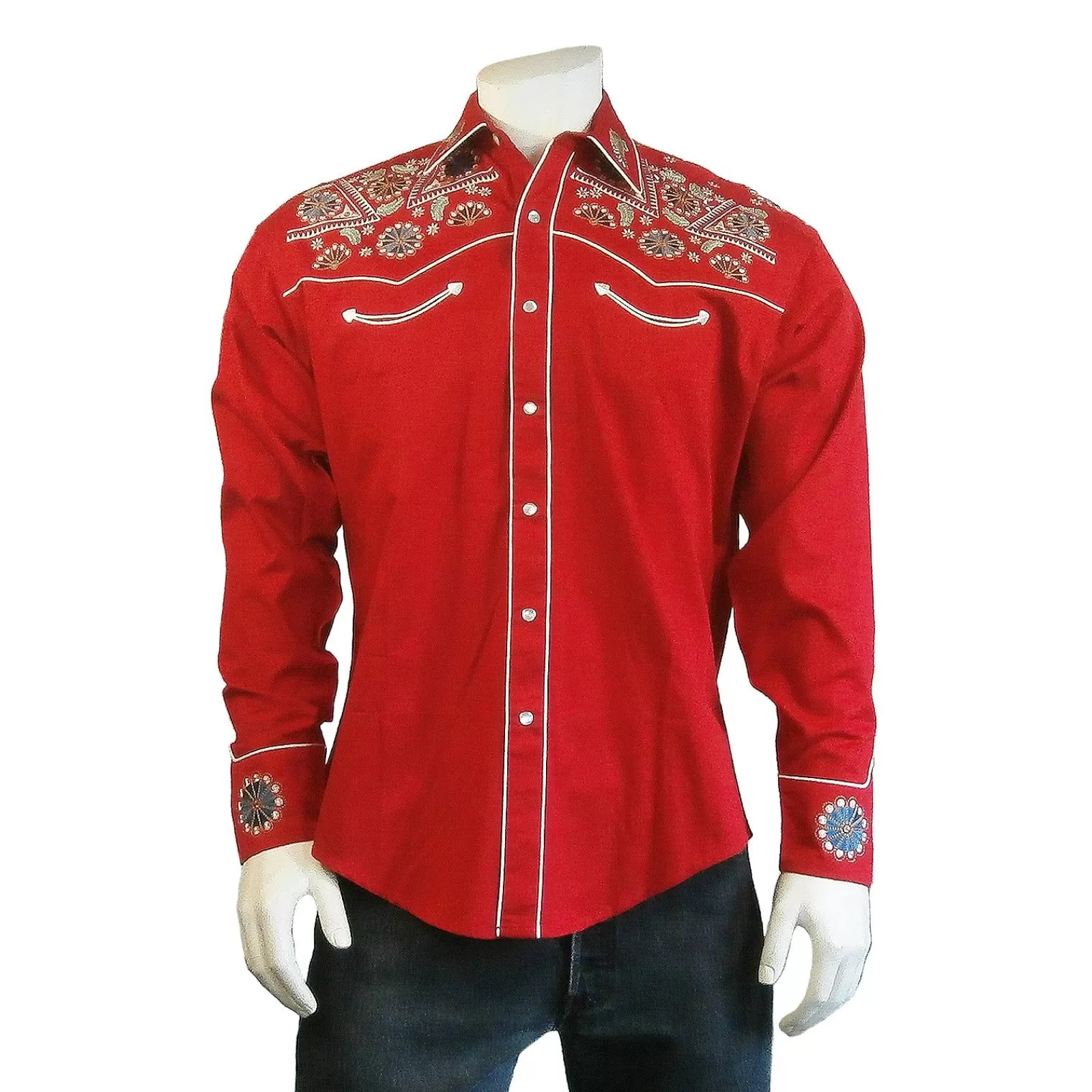 Rockmount Men'S Vintage Red Floral & Stars Embroidery Western Shirt Fashion