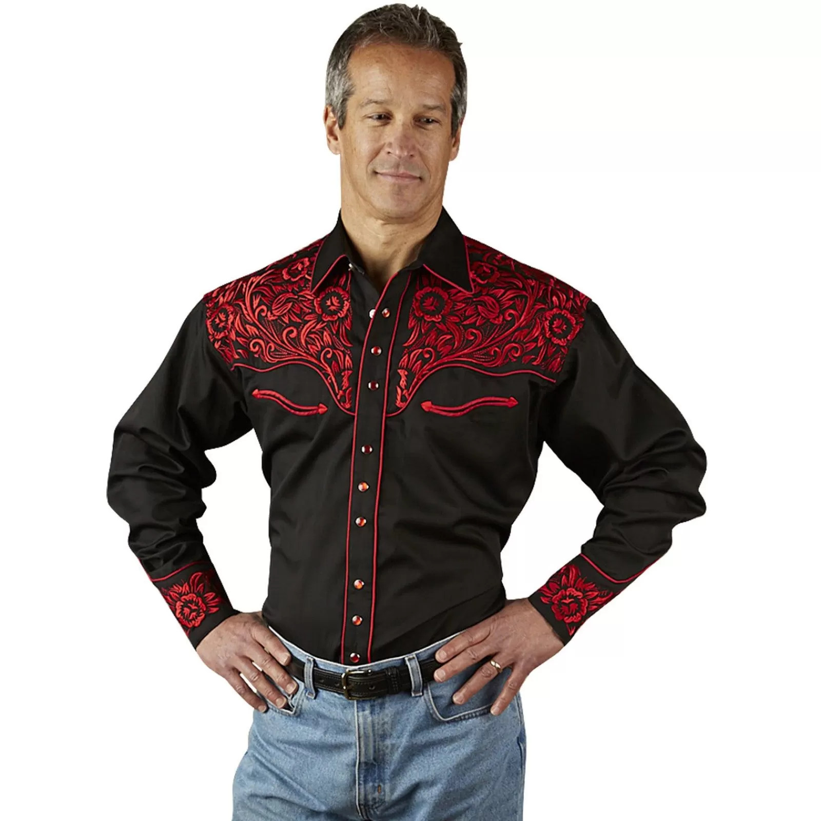 Rockmount Men'S Vintage Tooling Embroidered Black & Red Western Shirt Sale