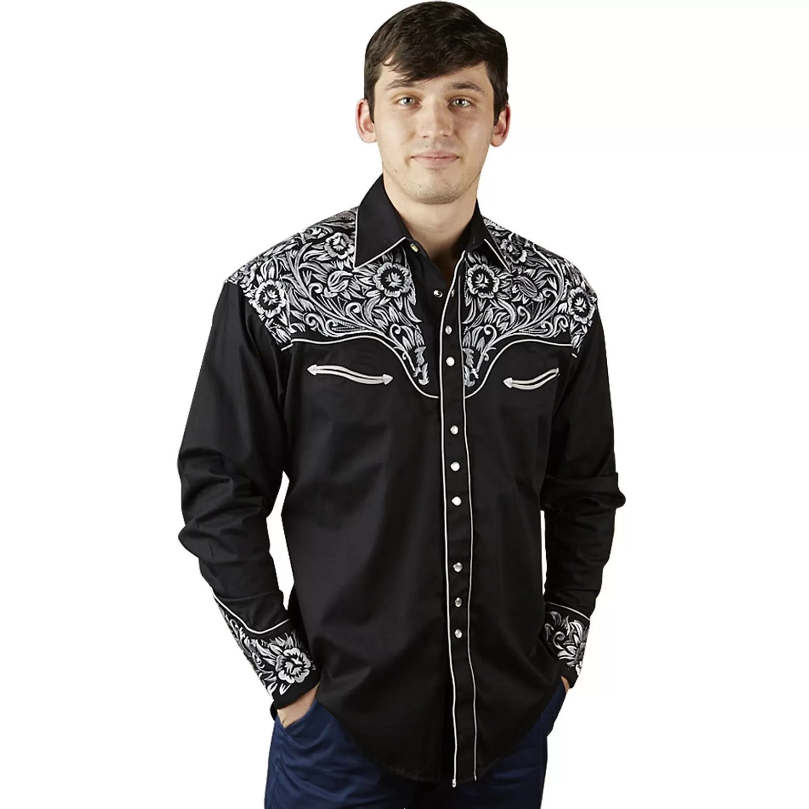 Rockmount Men'S Vintage Tooling Embroidered Black & Silver Western Shirt Clearance