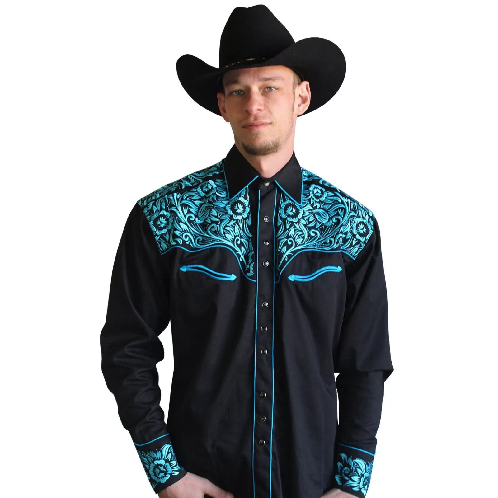 Rockmount Men'S Vintage Tooling Embroidered Black & Turquoise Western Shirt Clearance