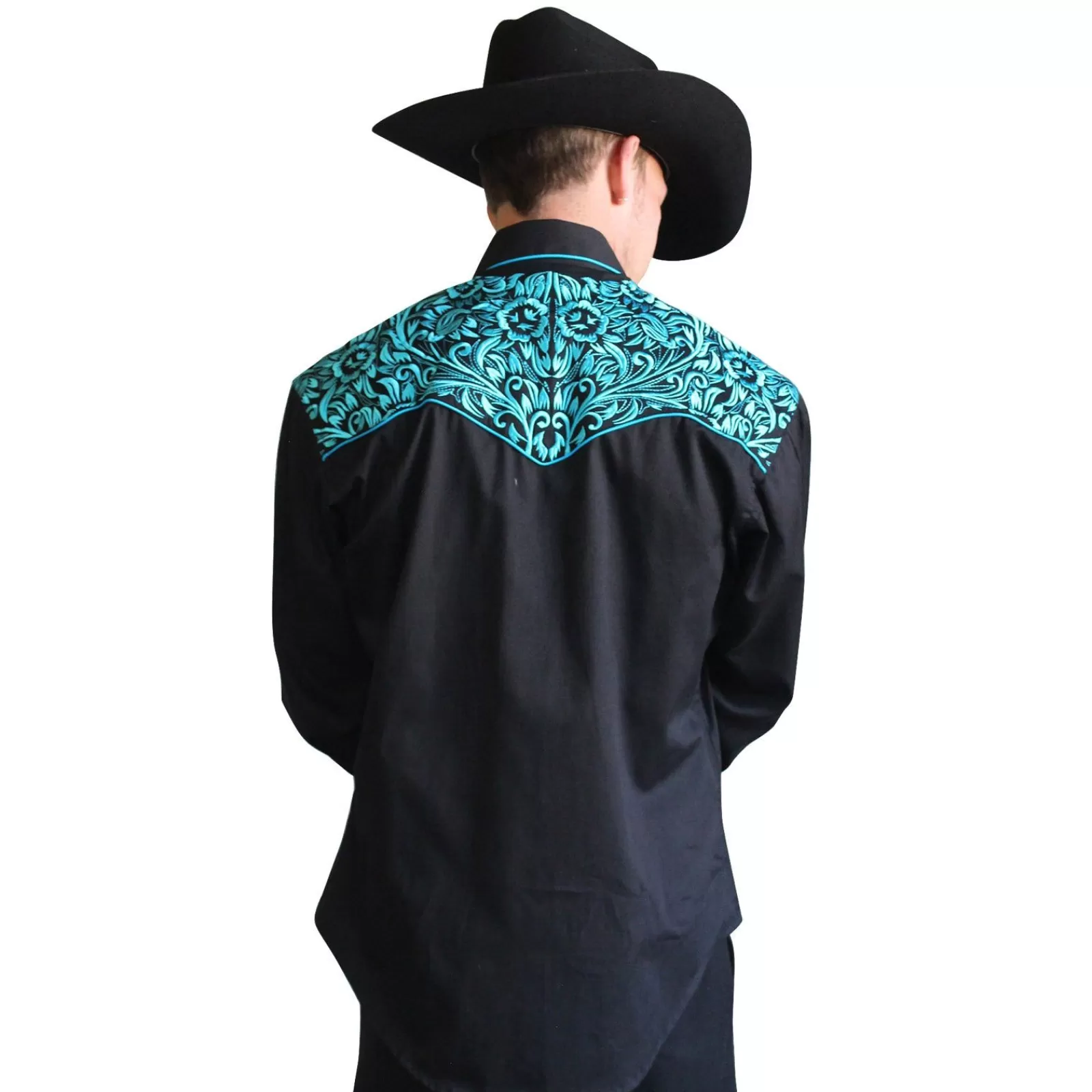 Rockmount Men'S Vintage Tooling Embroidered Black & Turquoise Western Shirt Clearance
