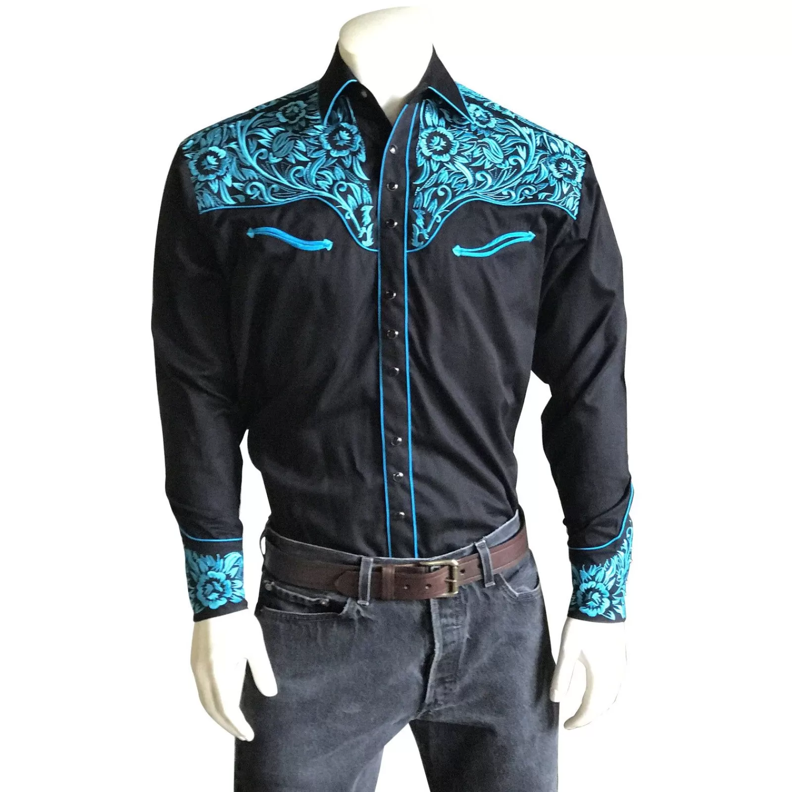 Rockmount Men'S Vintage Tooling Embroidered Black & Turquoise Western Shirt Clearance