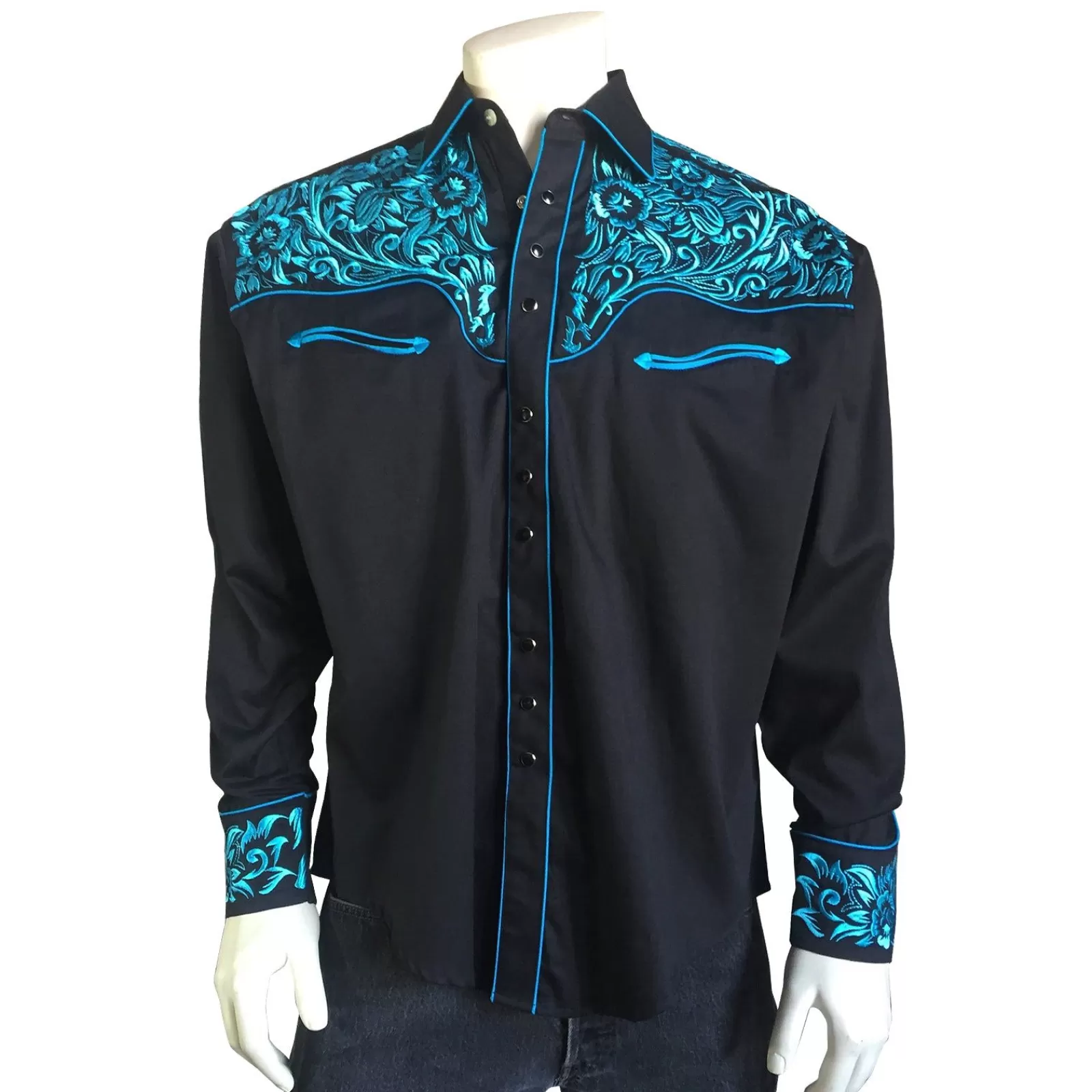Rockmount Men'S Vintage Tooling Embroidered Black & Turquoise Western Shirt Clearance
