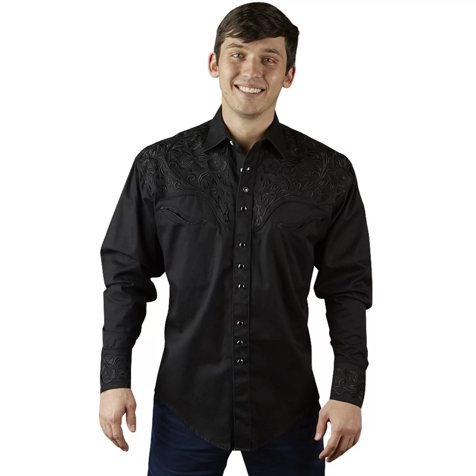 Rockmount Men'S Vintage Tooling Embroidered Black-On-Black Western Shirt Best Sale