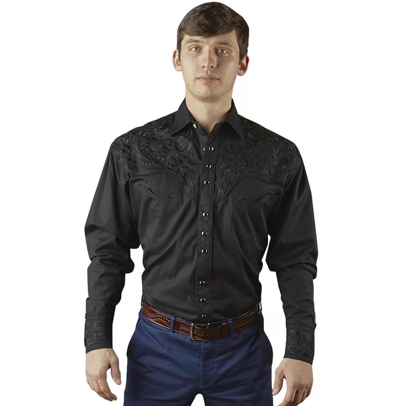 Rockmount Men'S Vintage Tooling Embroidered Black-On-Black Western Shirt Best Sale