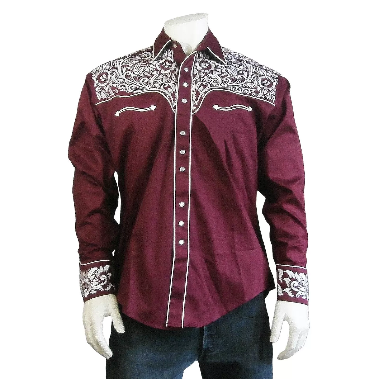 Rockmount Men'S Vintage Tooling Embroidered Burgundy & Silver Western Shirt Fashion