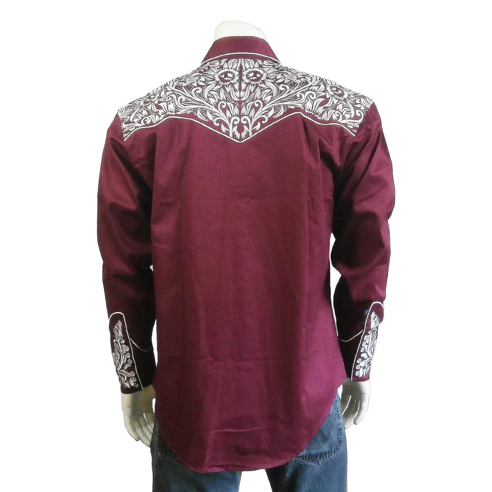 Rockmount Men'S Vintage Tooling Embroidered Burgundy & Silver Western Shirt Fashion
