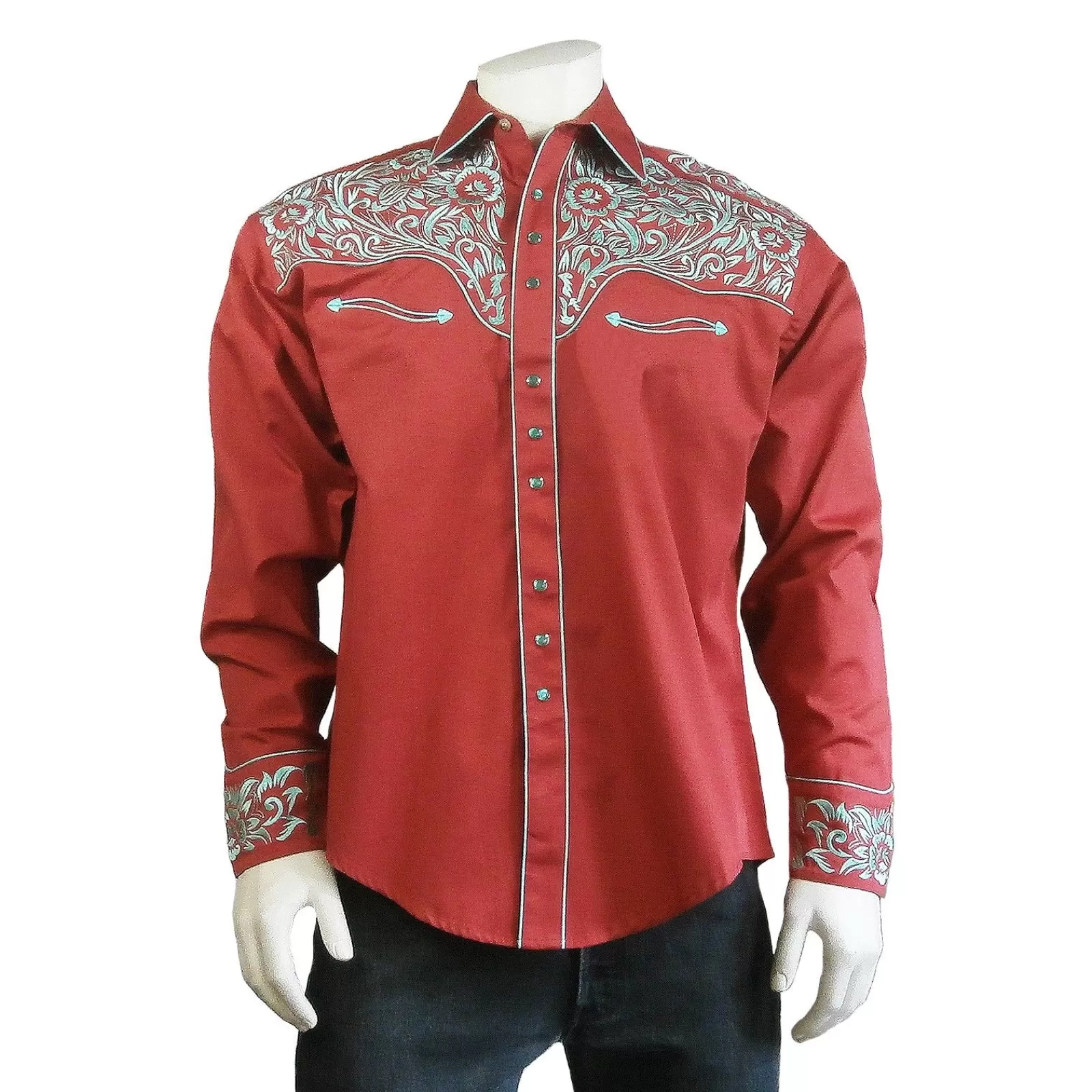 Rockmount Men'S Vintage Tooling Embroidered Coral & Turquoise Western Shirt Shop