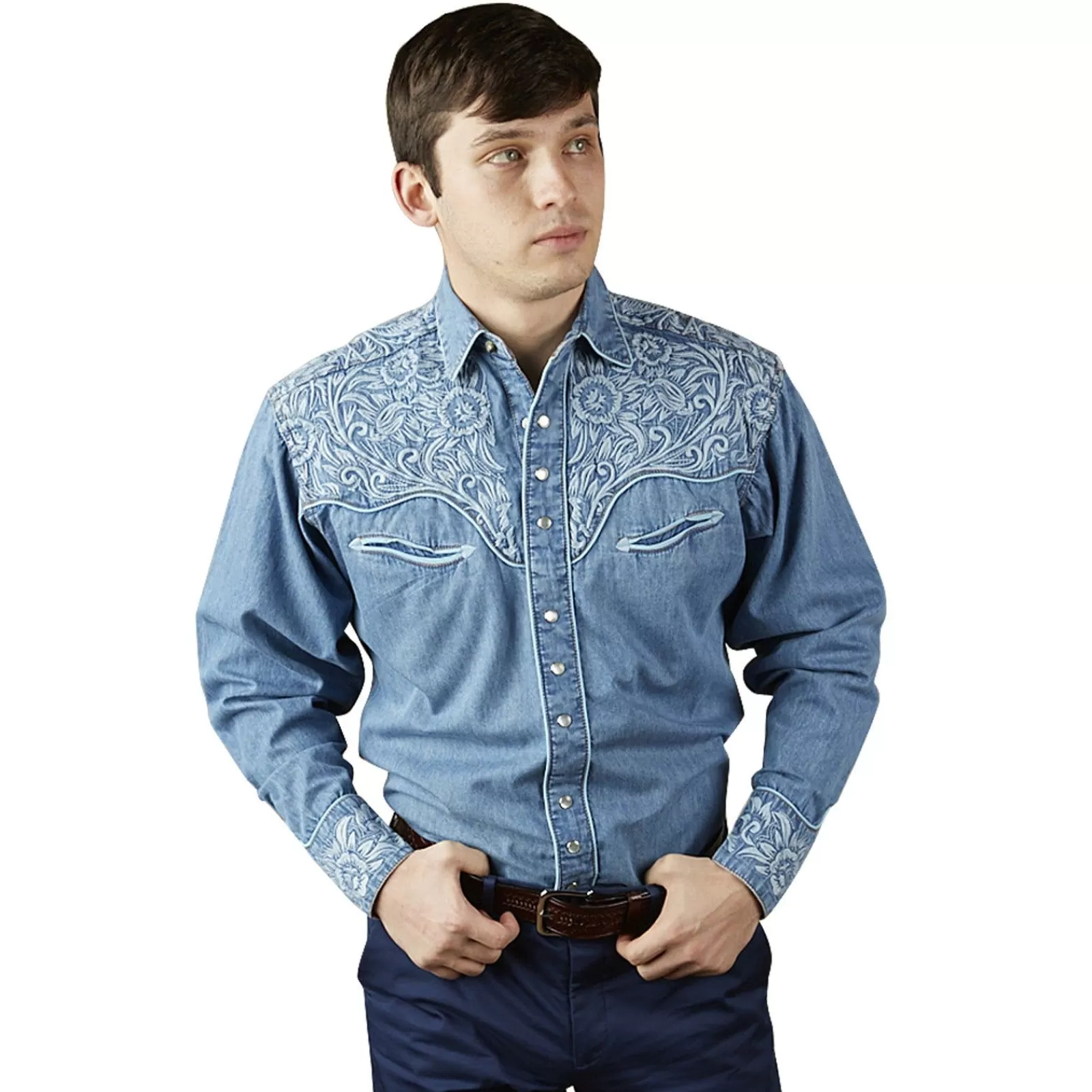 Rockmount Men'S Vintage Tooling Embroidered Denim & Blue Western Shirt Fashion
