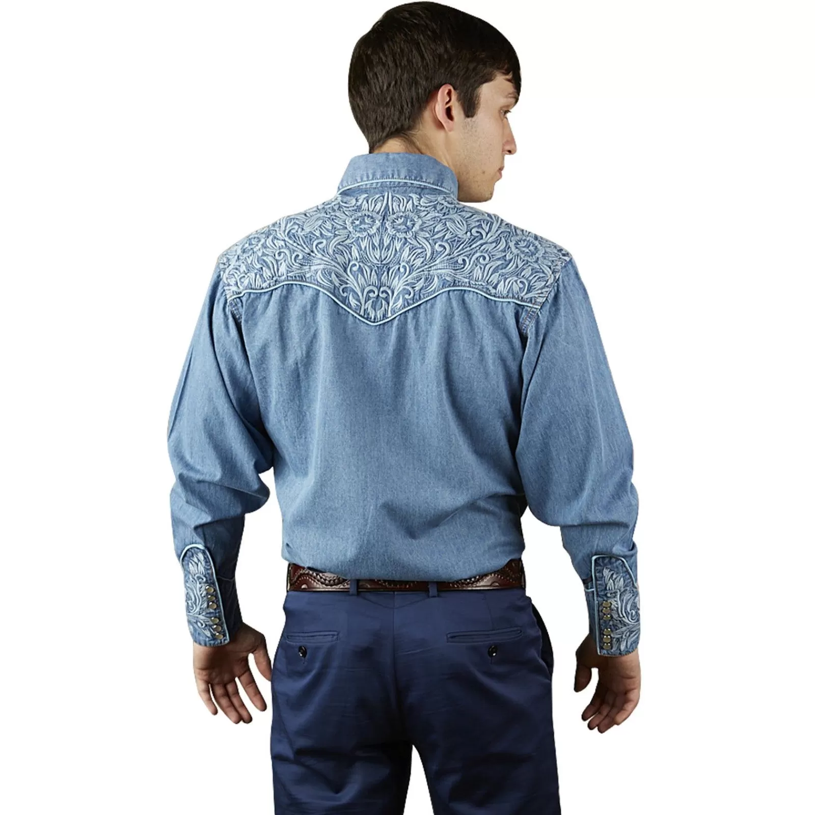 Rockmount Men'S Vintage Tooling Embroidered Denim & Blue Western Shirt Hot