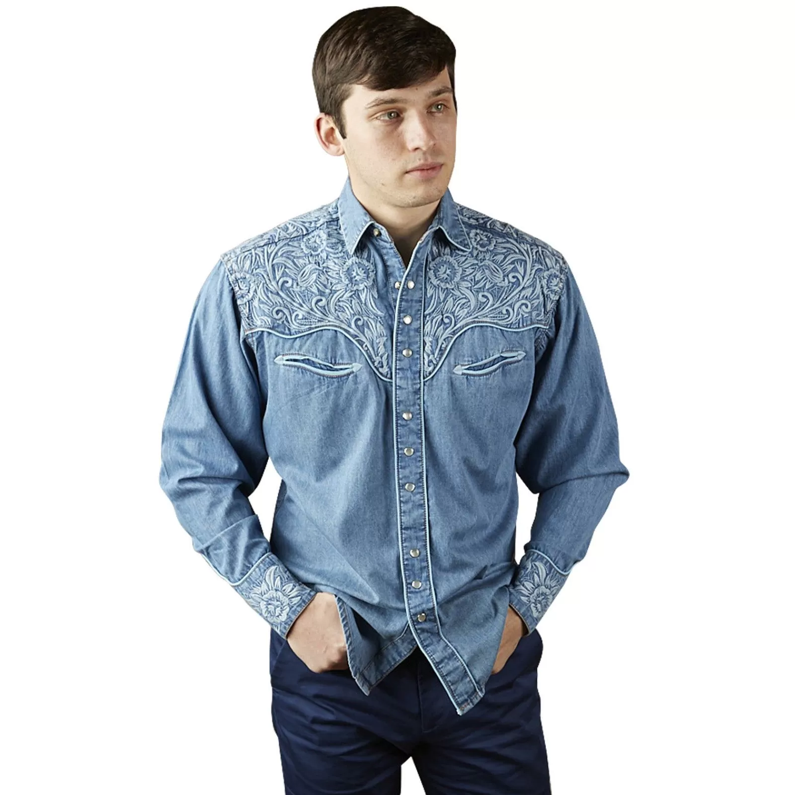 Rockmount Men'S Vintage Tooling Embroidered Denim & Blue Western Shirt Fashion
