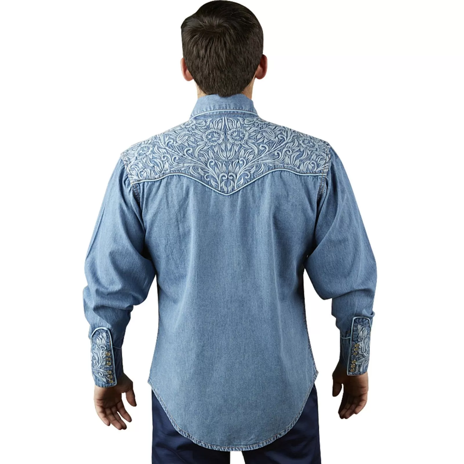 Rockmount Men'S Vintage Tooling Embroidered Denim & Blue Western Shirt Fashion