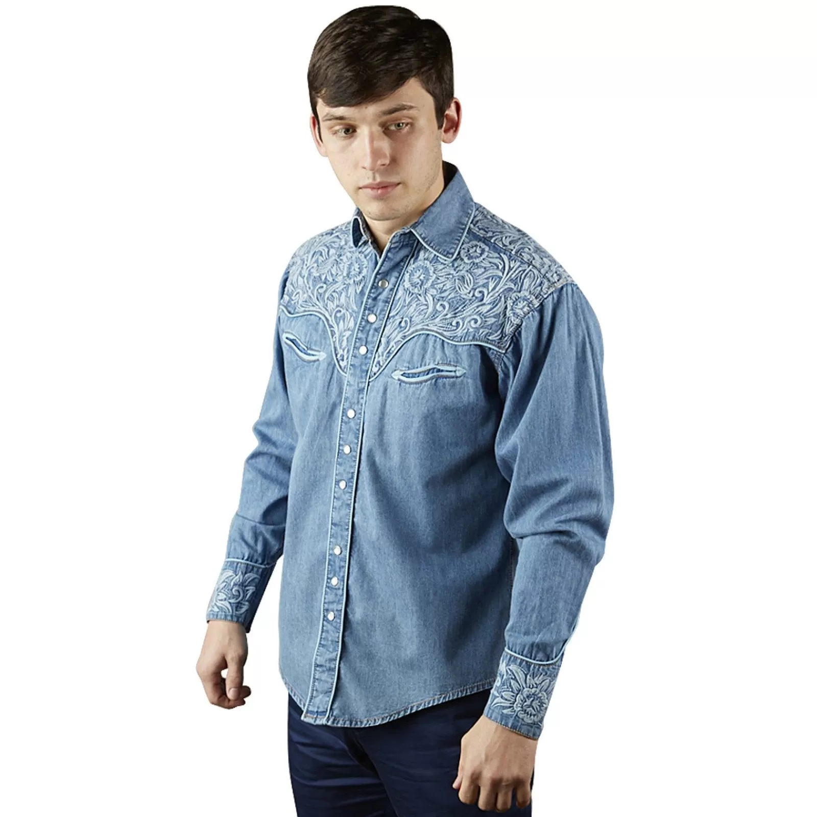 Rockmount Men'S Vintage Tooling Embroidered Denim & Blue Western Shirt Fashion