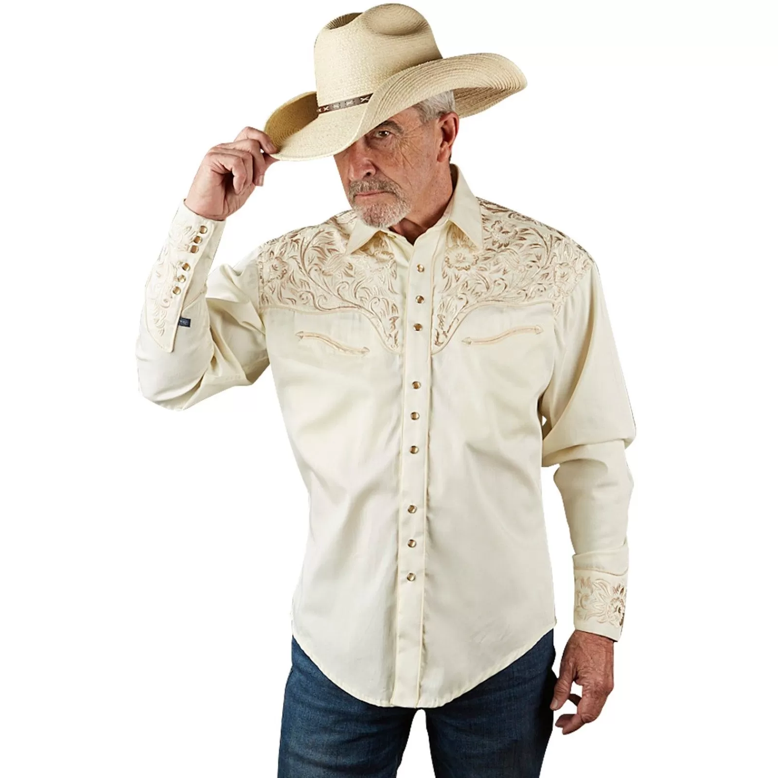 Rockmount Men'S Vintage Tooling Embroidered Ivory-On-Ivory Western Shirt Flash Sale