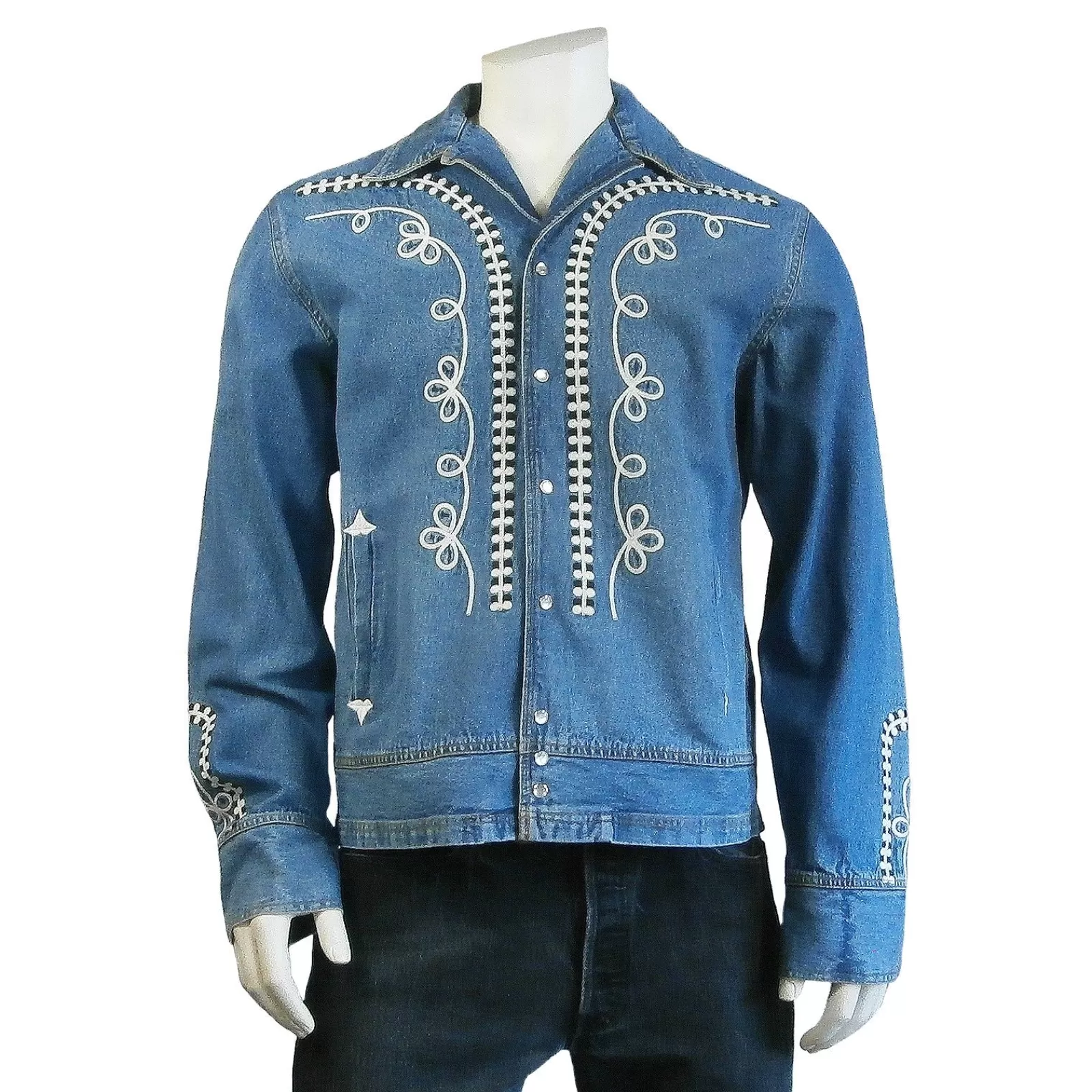 Rockmount Men'S Vintage Western Denim Bolero Jacket With White Rope Embroidery Outlet