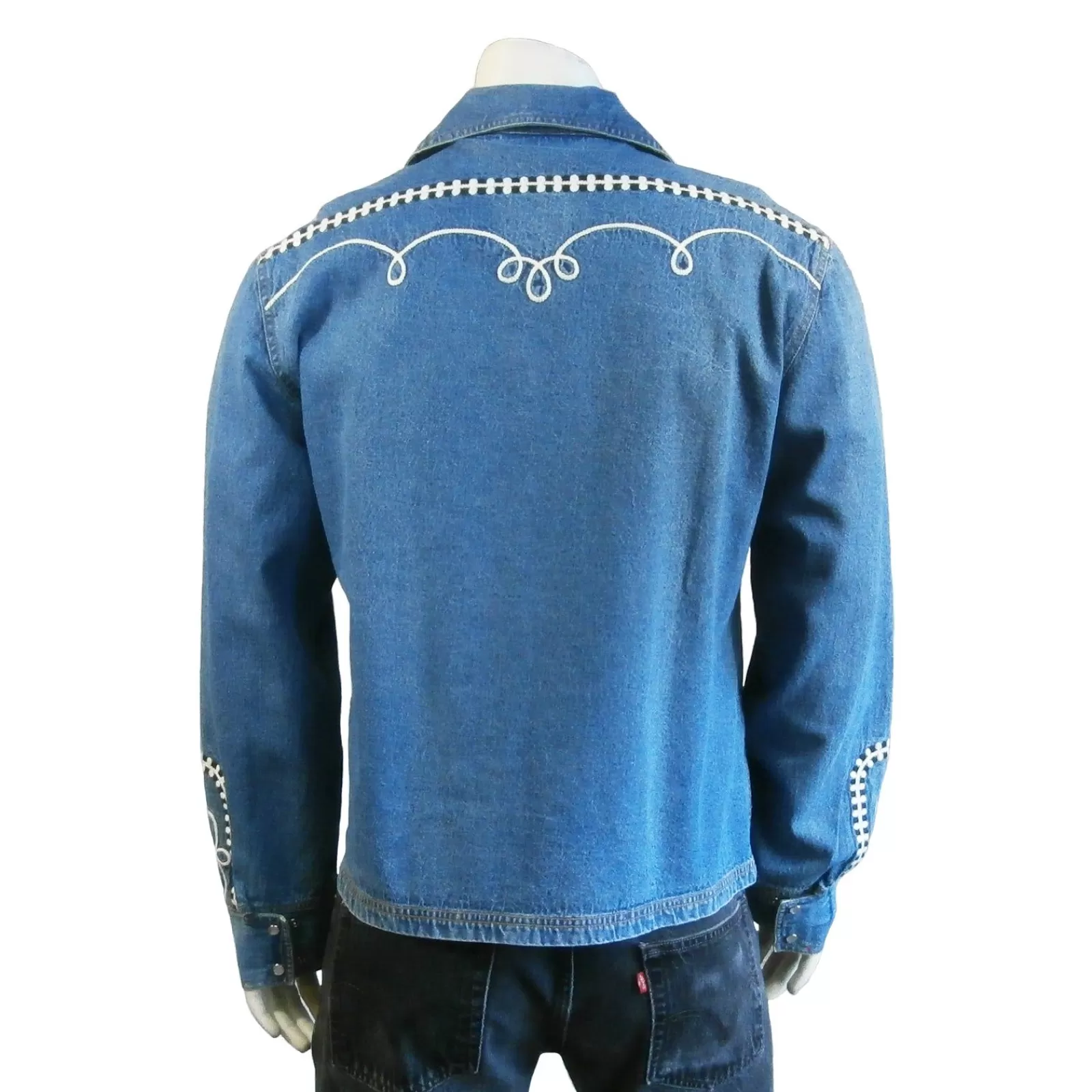 Rockmount Men'S Vintage Western Denim Bolero Jacket With White Rope Embroidery Hot