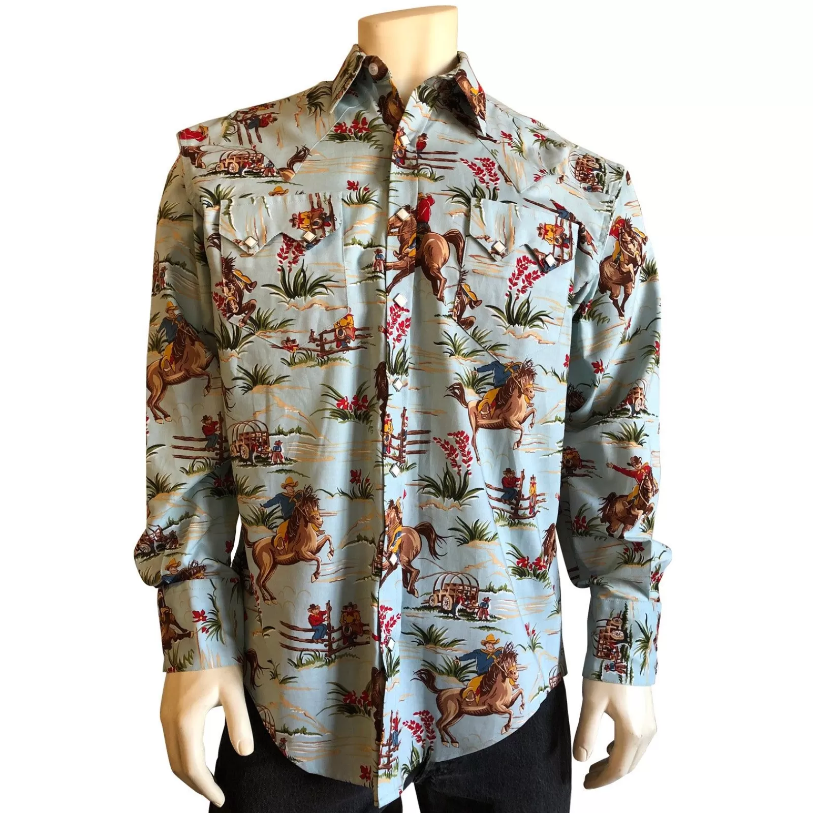 Rockmount Men'S Vintage Western Print Light Blue Shirt Flash Sale