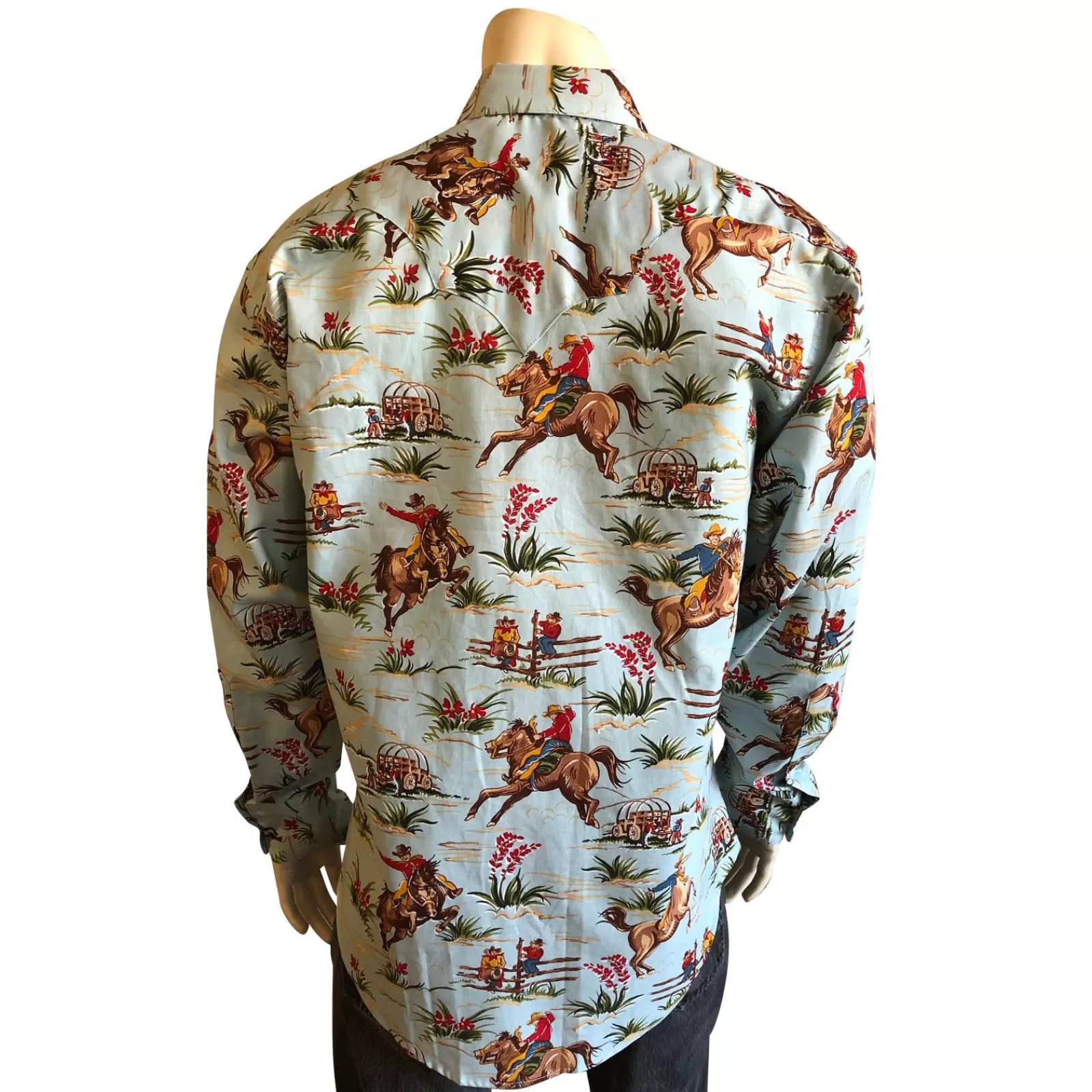 Rockmount Men'S Vintage Western Print Light Blue Shirt Flash Sale