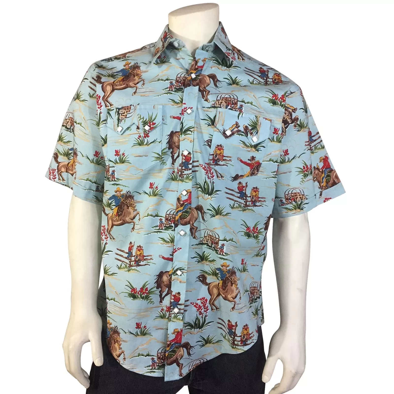 Rockmount Men'S Vintage Western Print Light Blue Short Sleeve Shirt Store