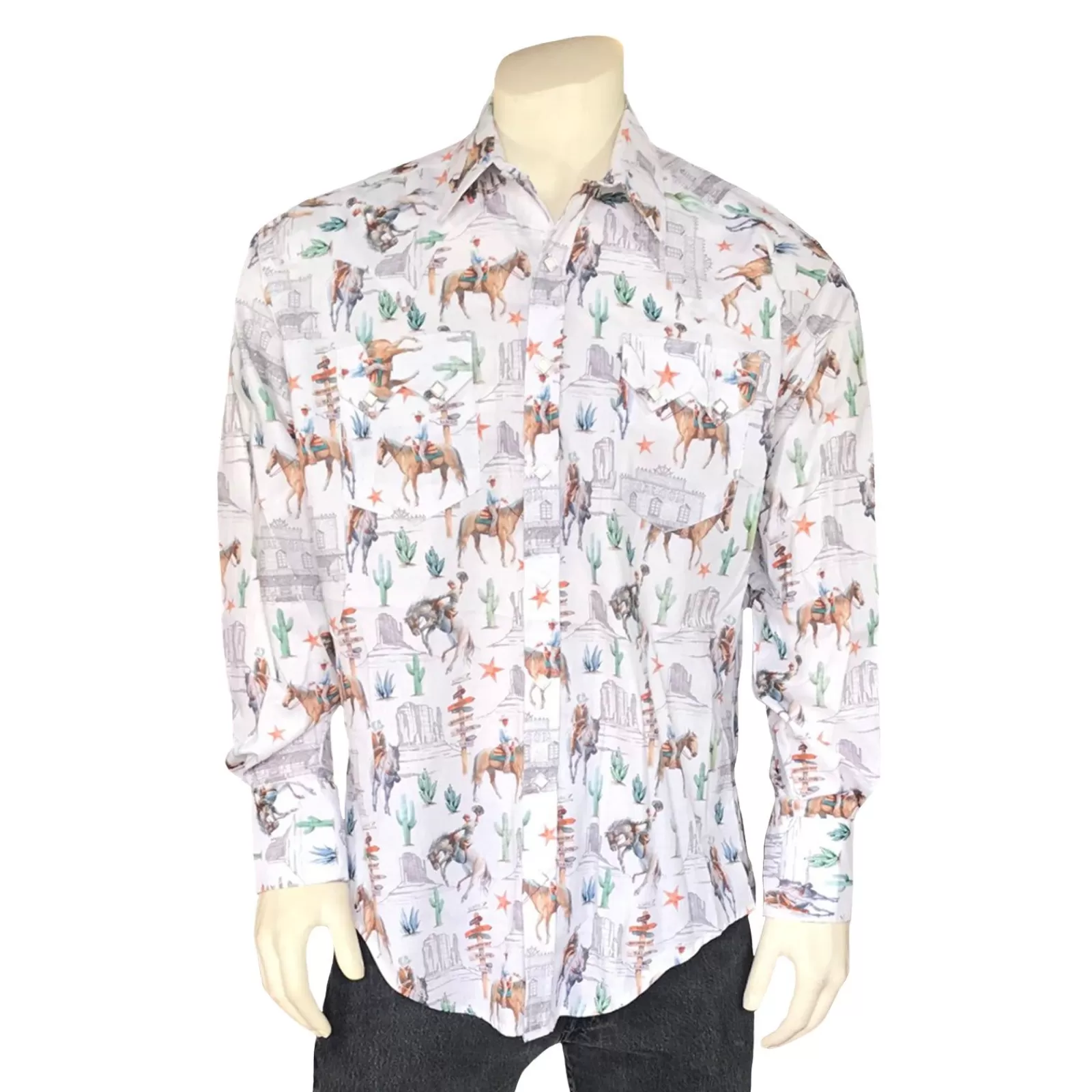 Rockmount Men'S White Cactus & Cowboys Print Long Sleeve Western Shirt Sale