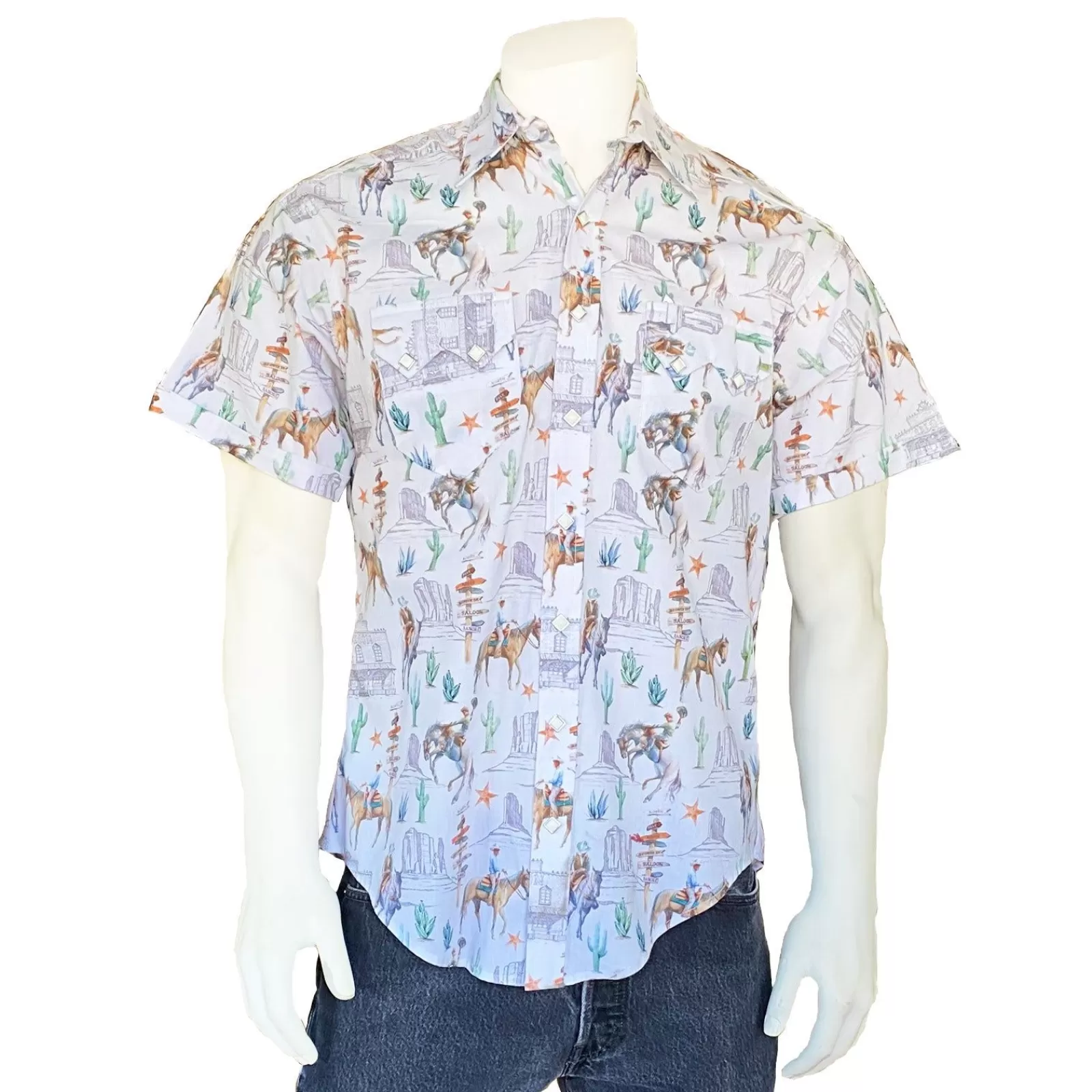 Rockmount Men'S White Cactus & Cowboys Print Short Sleeve Western Shirt Flash Sale