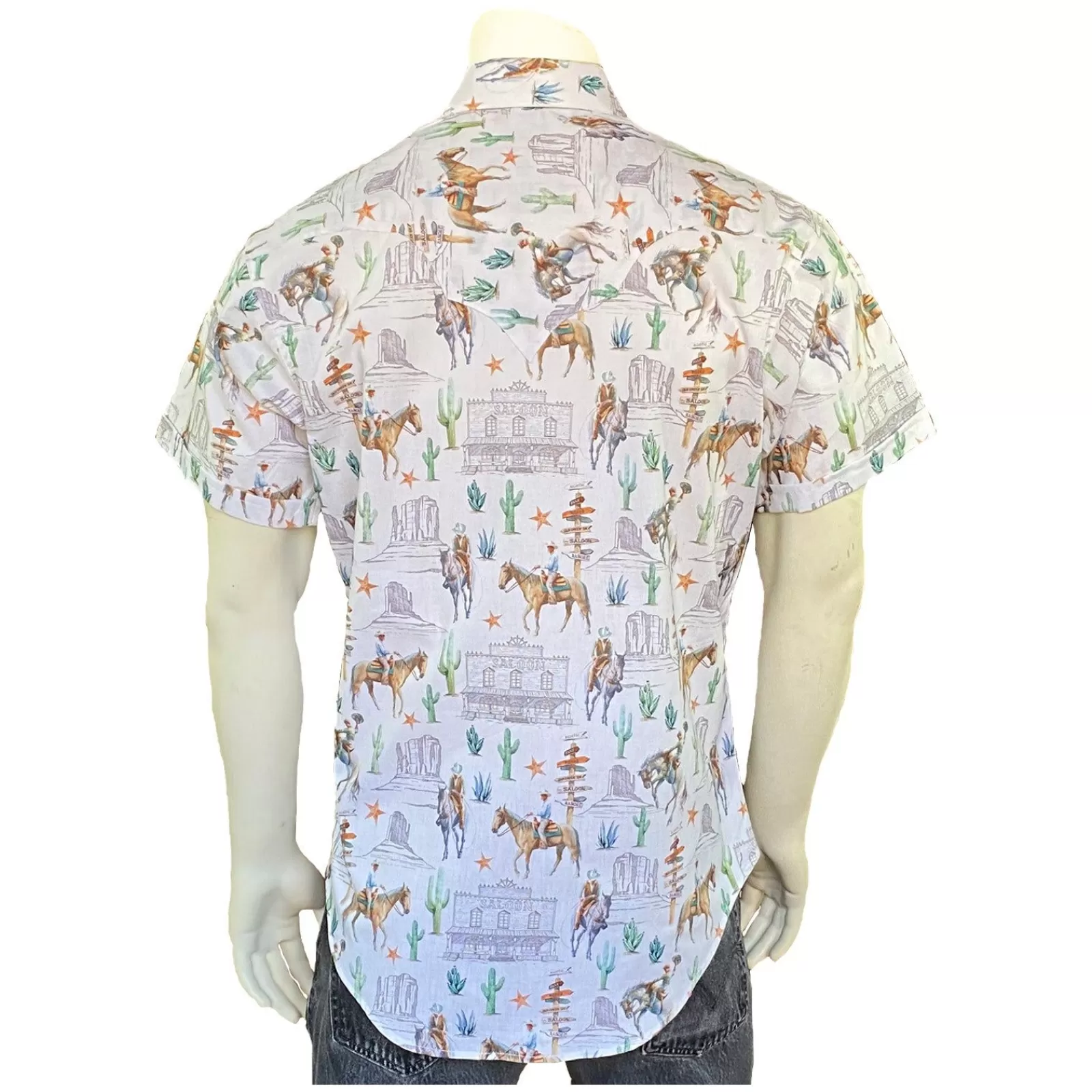 Rockmount Men'S White Cactus & Cowboys Print Short Sleeve Western Shirt Flash Sale