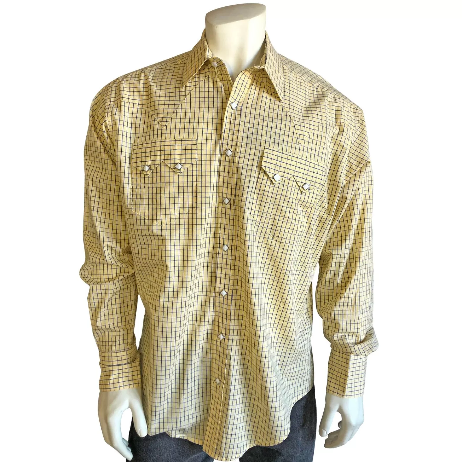 Rockmount Men'S Yellow Extra-Fine Pima Cotton Windowpane Plaid Western Shirt Cheap