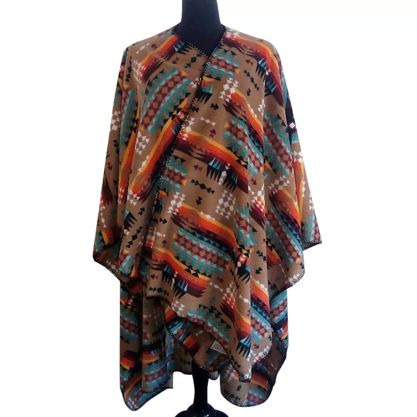 Rockmount Native Pattern Fleece Western Poncho In Camel & Red Clearance