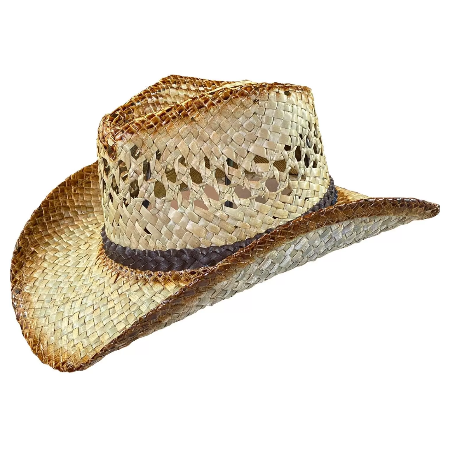 Rockmount Raffia Full Vent Distressed Brown Band Straw Western Cowboy Hat Outlet