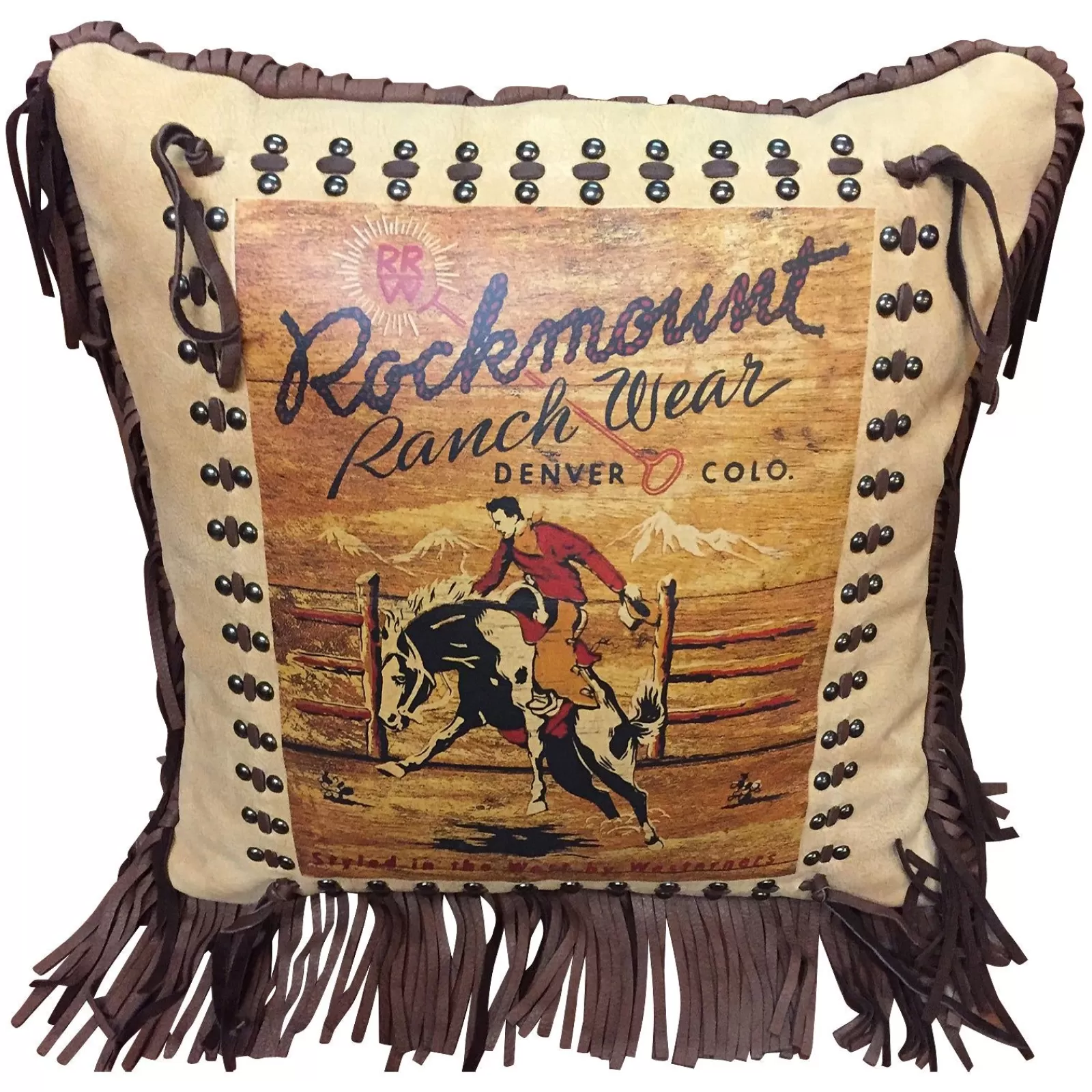 Rockmount Vintage Bronc Leather Fringe Western Pillow New